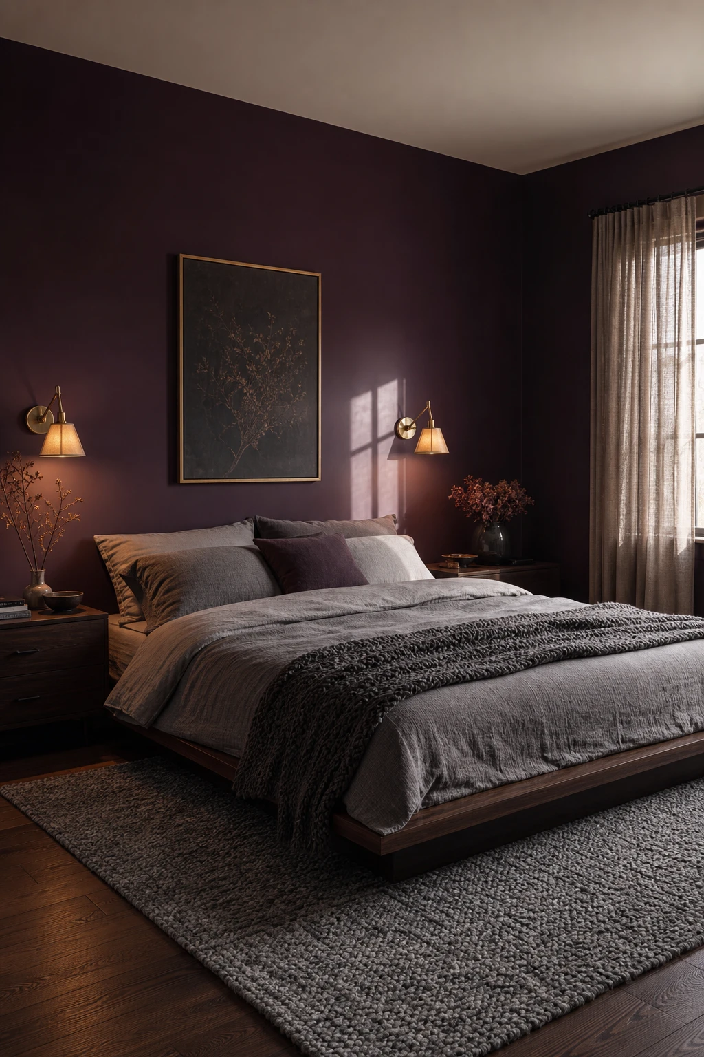 Cosy purple and gray bedroom with deep plum walls painted Farrow and Ball Brinjal, gray linen bedding, brass sconces, and dark wood nightstands