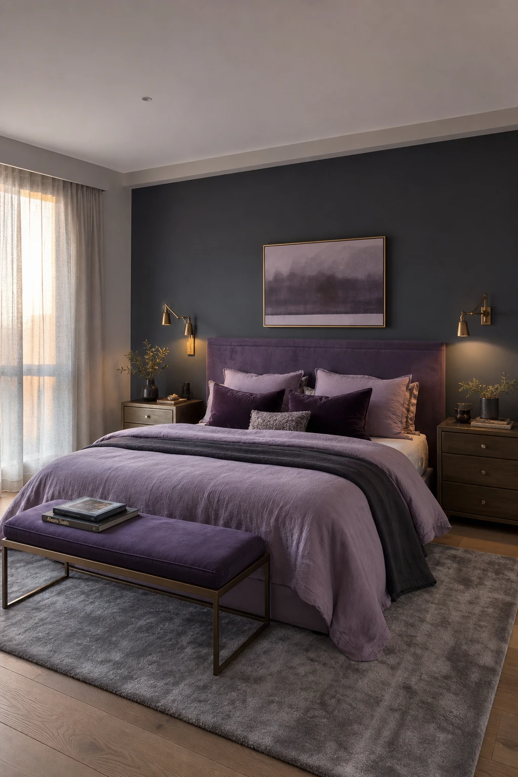 Couples purple and gray bedroom with deep gray accent wall, soft lavender bedding, symmetrical nightstands, and warm evening light through sheer curtains