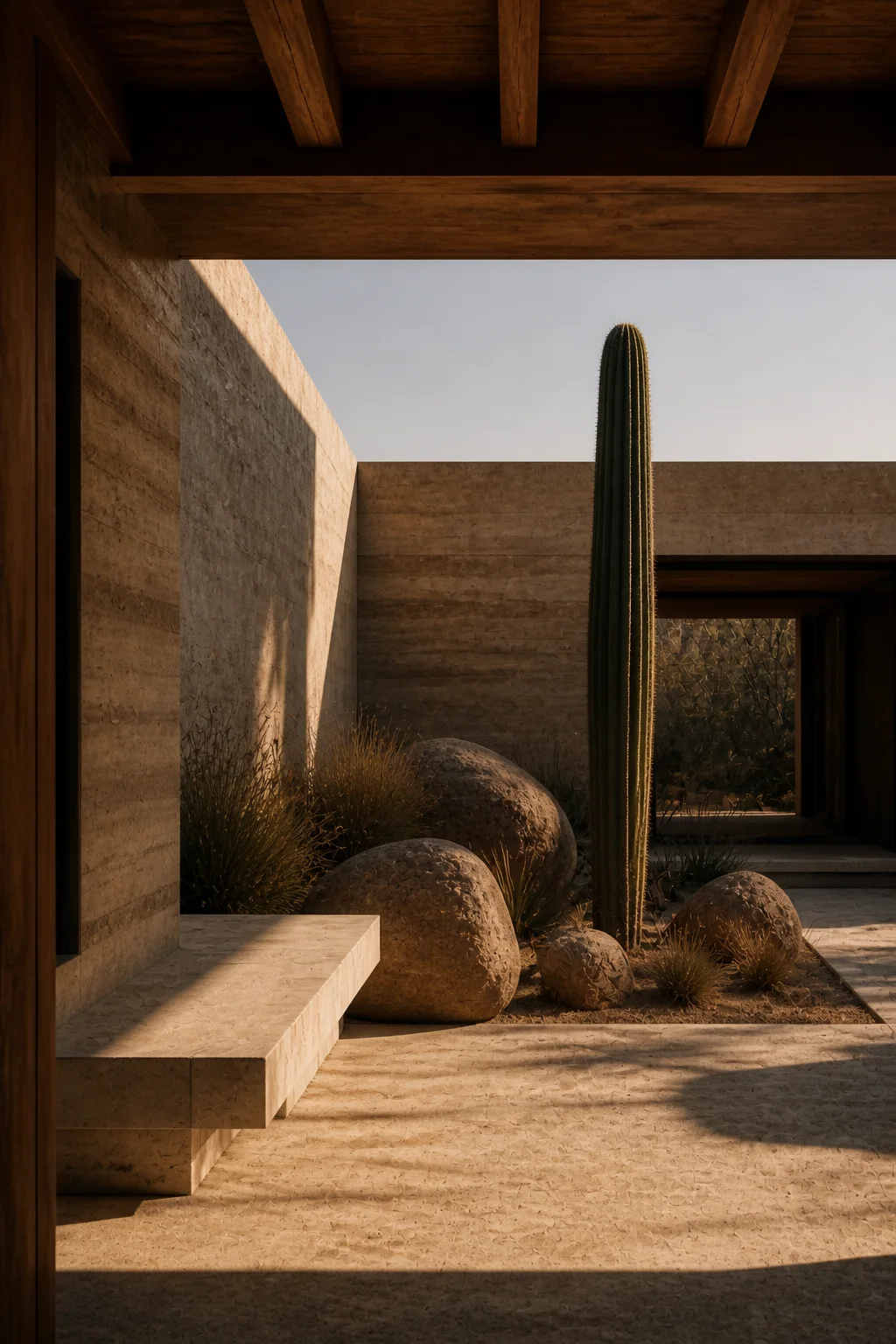 courtyard master at Baja Earth House in Baja California Sur in an original fictional editorial architecture story about material, landscape, light and the calm sequence of rooms...