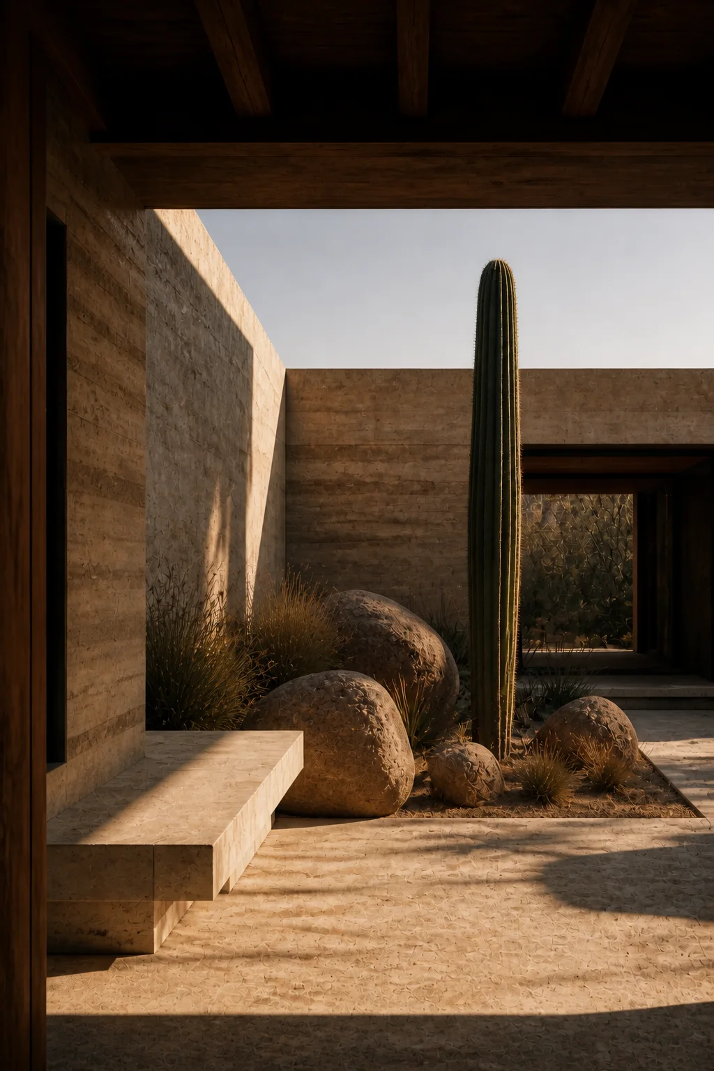 courtyard passage at Baja Earth House in Baja California Sur in an original fictional editorial architecture story about material, landscape, light and the calm sequence of rooms..