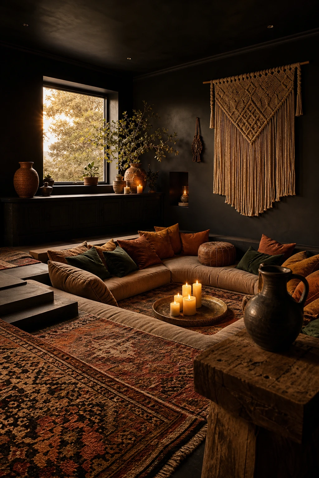 Cozy black boho living room with layered textiles, low seating, woven throws, and Farrow & Ball Bible Black walls in warm candlelight