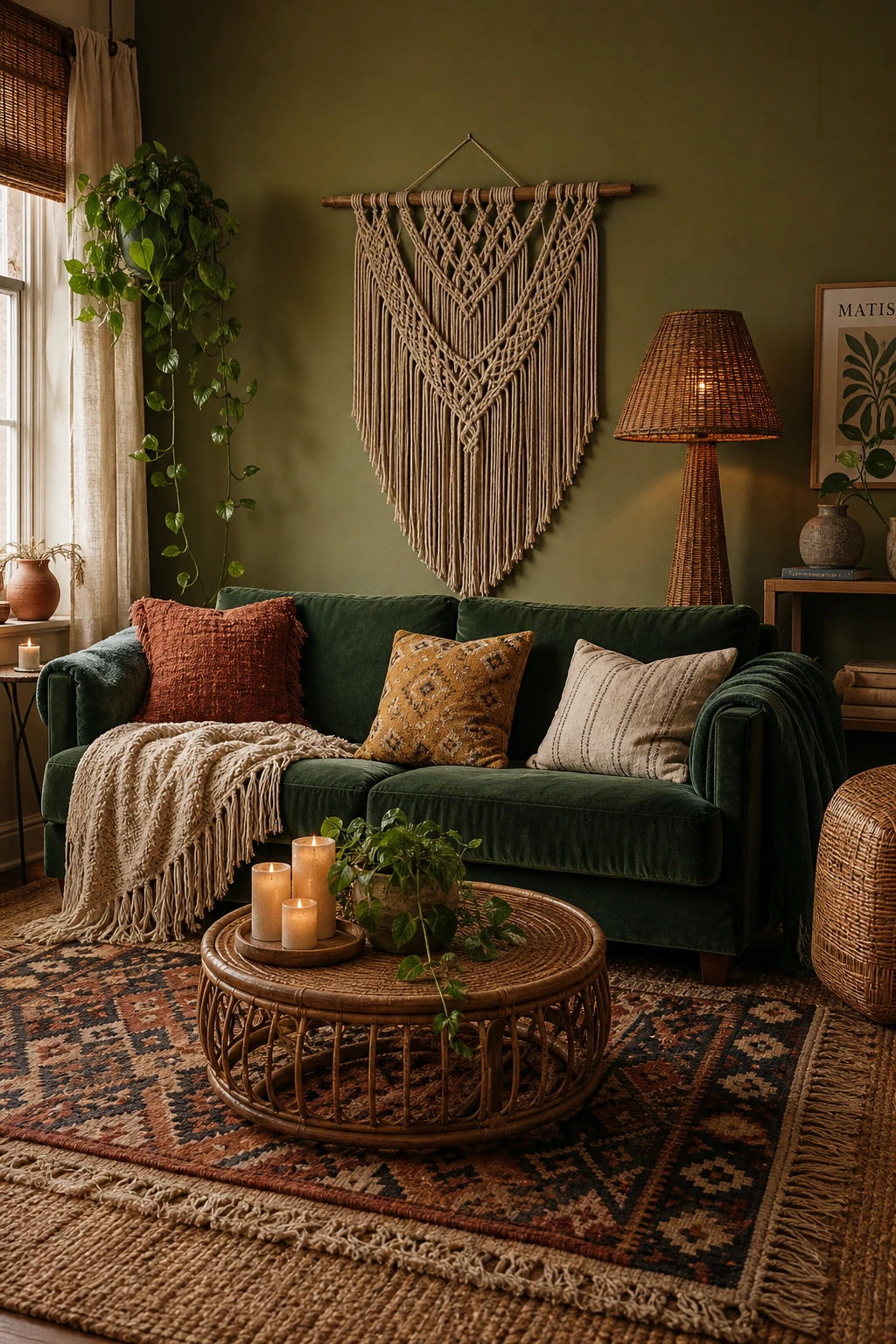 Cozy boho living room with a green sofa as the focal point, layered textiles, rattan accents, macrame wall hanging, and warm afternoon light