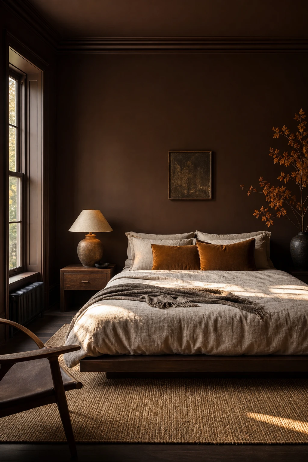 Cozy brown accent wall bedroom with chocolate brown walls, linen bedding, warm brass lighting, and rich wood furnishings in soft evening light