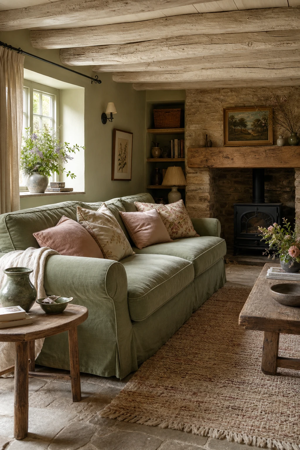 Cozy cottage living room with a green sofa layered in floral cushions, whitewashed beams, a stone fireplace, and Farrow and Ball Cooking Apple Green walls