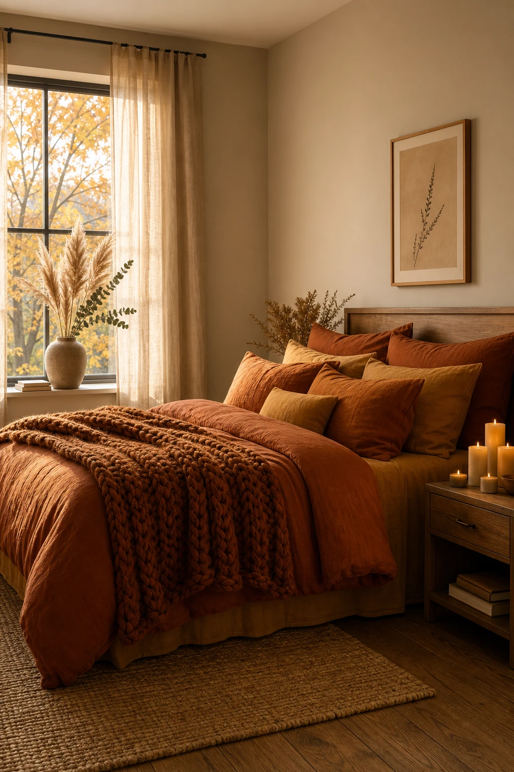 Cozy fall apartment bedroom with layered amber and rust bedding, knit throw, wooden nightstand, and warm candlelight against Farrow and Ball Skimming Stone walls