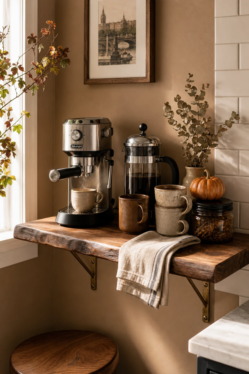 Cozy fall apartment coffee station styled with warm seasonal accents, rich wood shelving, ceramic mugs, and Farrow & Ball String painted wall behind