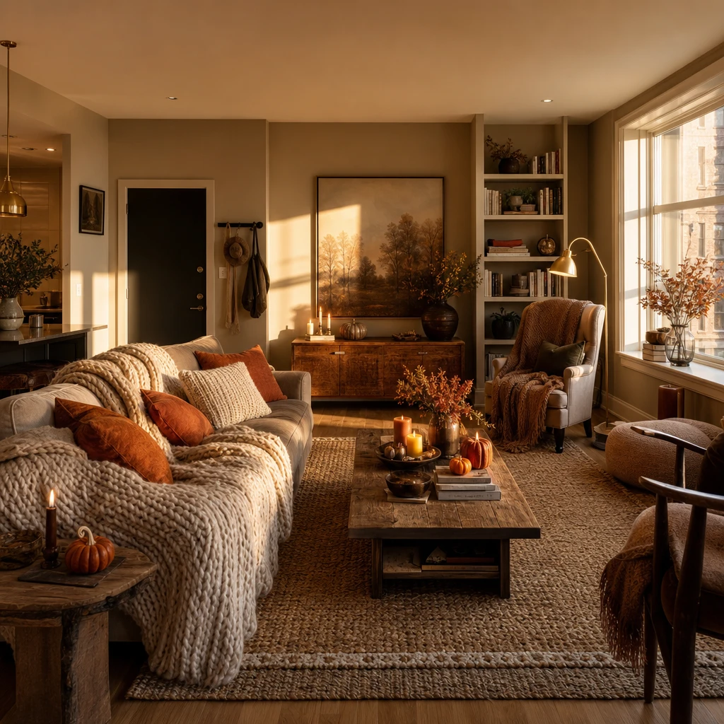 Cozy fall apartment interior with chunky knit throws, burnt orange velvet pillows, layered jute rugs, mini pumpkins, pillar candles, and a reading nook bathed in warm late afternoon amber light.