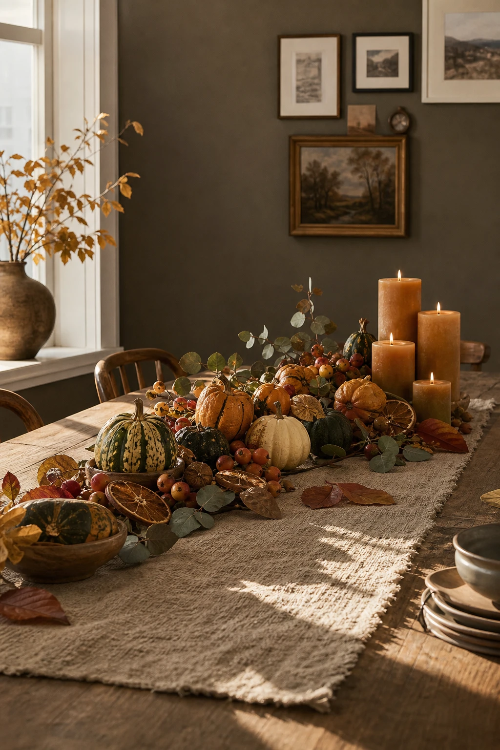 Cozy fall apartment dining table centrepiece with gourds, fruit and foliage arranged on a linen runner, Farrow and Ball Drab painted wall behind