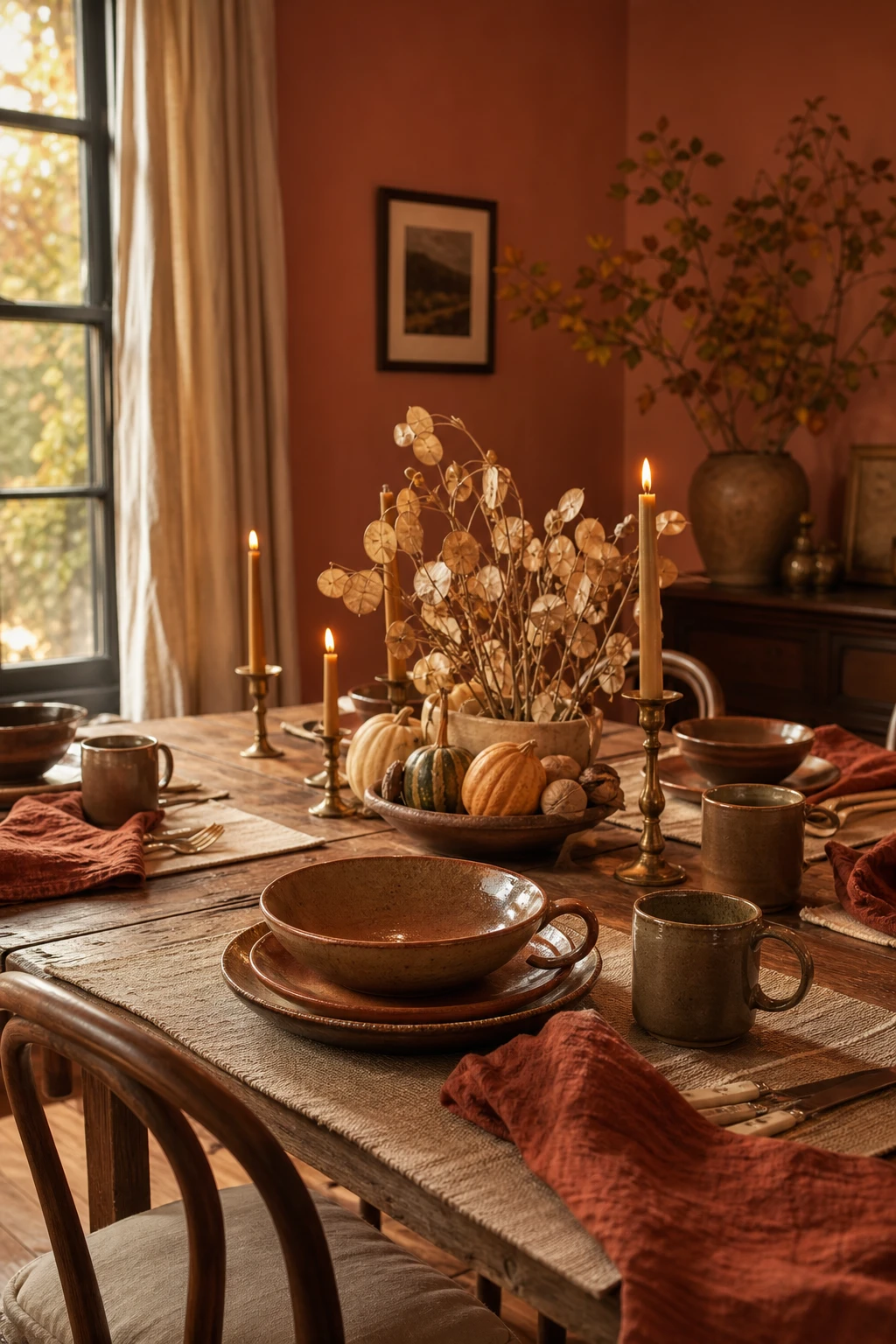 Cozy fall apartment dining table with autumn table setting as hero, warm stoneware, linen napkins, gourd centrepiece, and candlelight in Dead Salmon pink interior