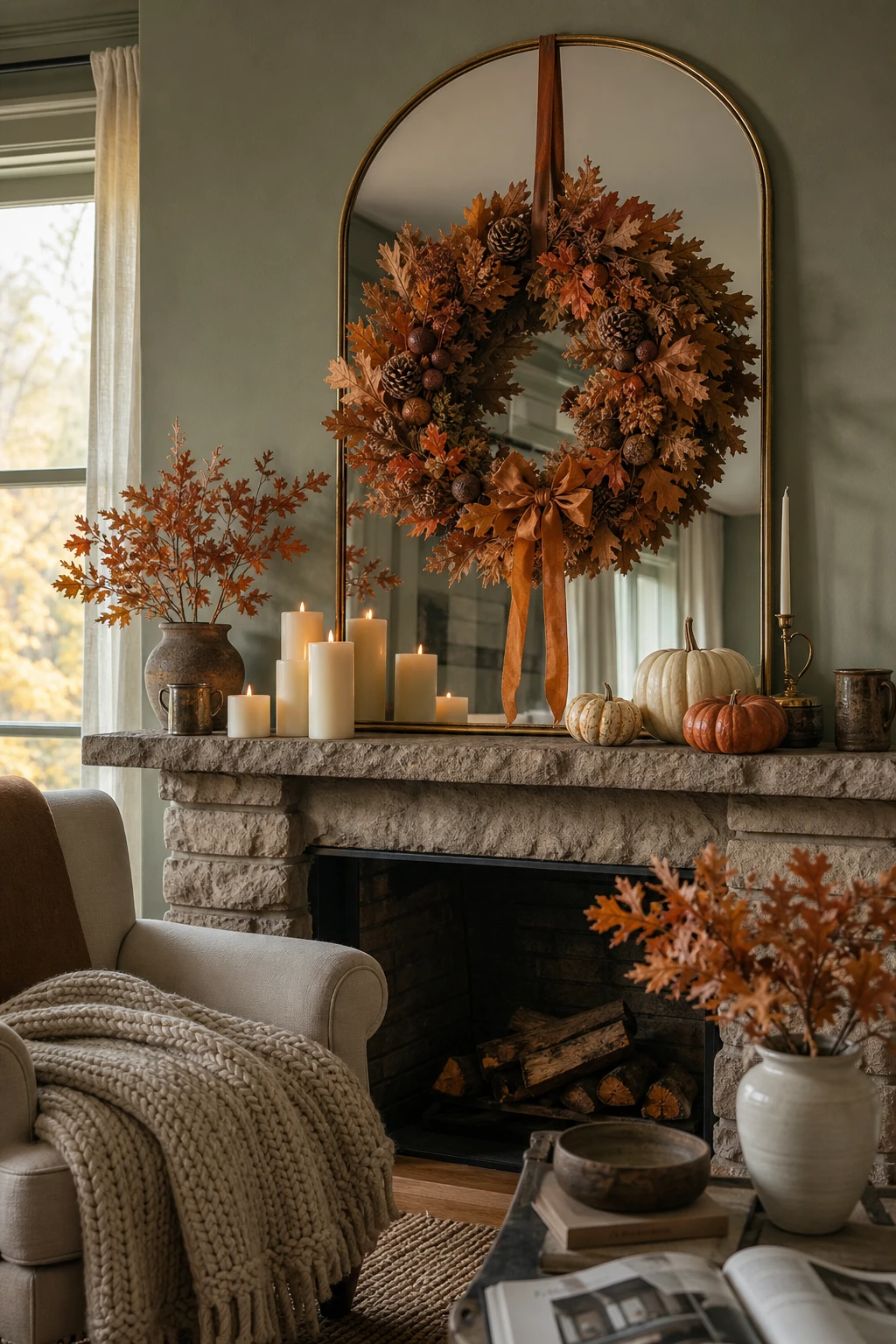 Cozy fall apartment interior with an autumn wreath hung over a mantel mirror, dried leaves, pumpkins, and warm candlelight on a sage green accent wall