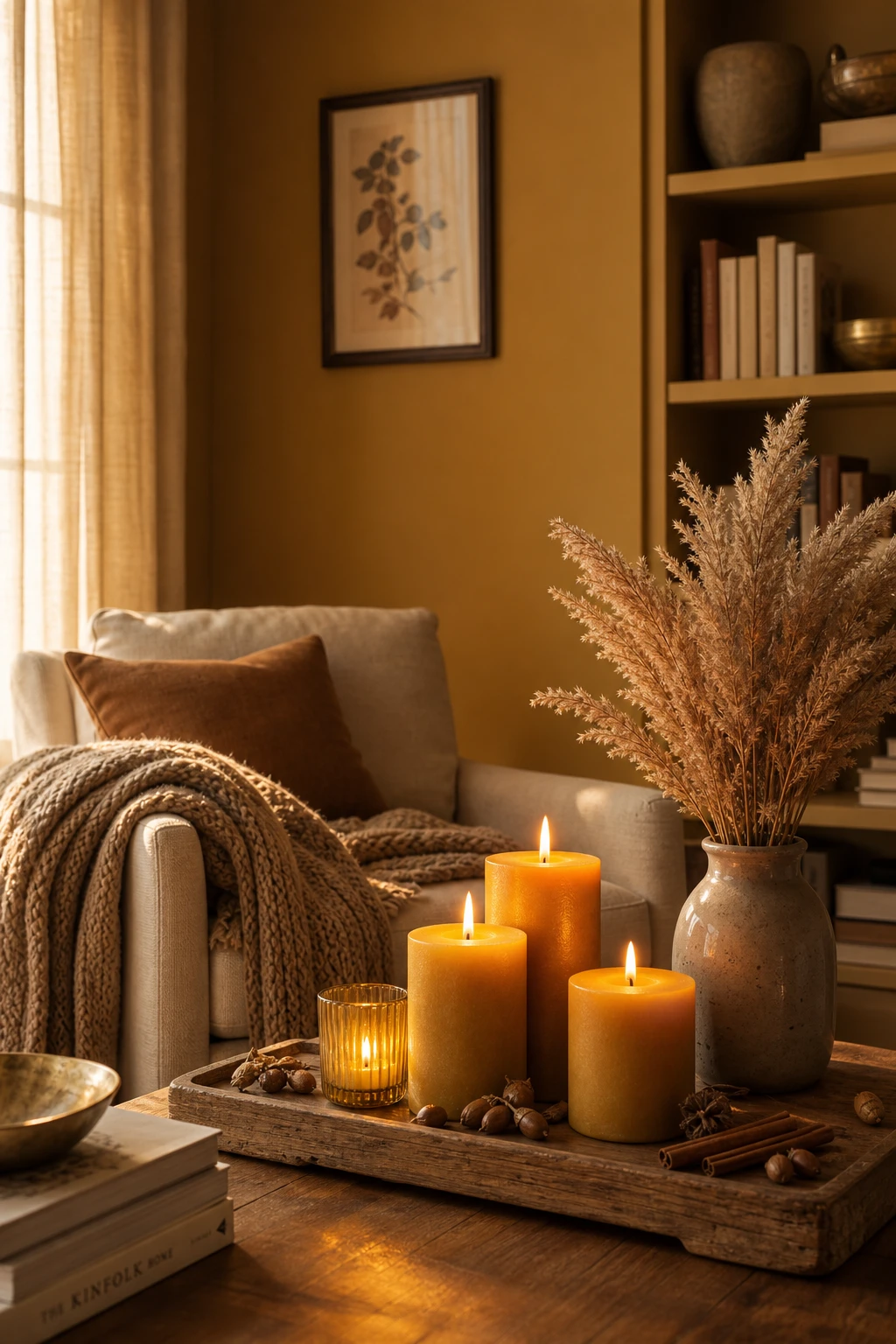 Cozy fall apartment interior with grouped candle arrangements at varied heights on a wooden surface, warm amber glow, dried botanicals, and Farrow & Ball Hay painted wall