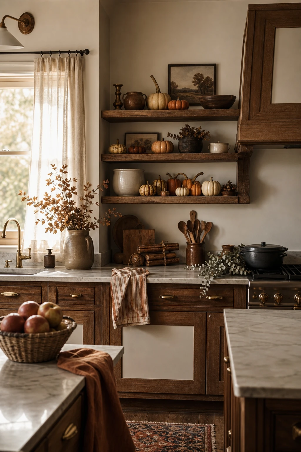 Cozy fall apartment kitchen with seasonal produce, warm textiles, and Farrow & Ball Dimity painted walls in soft warm neutral tones