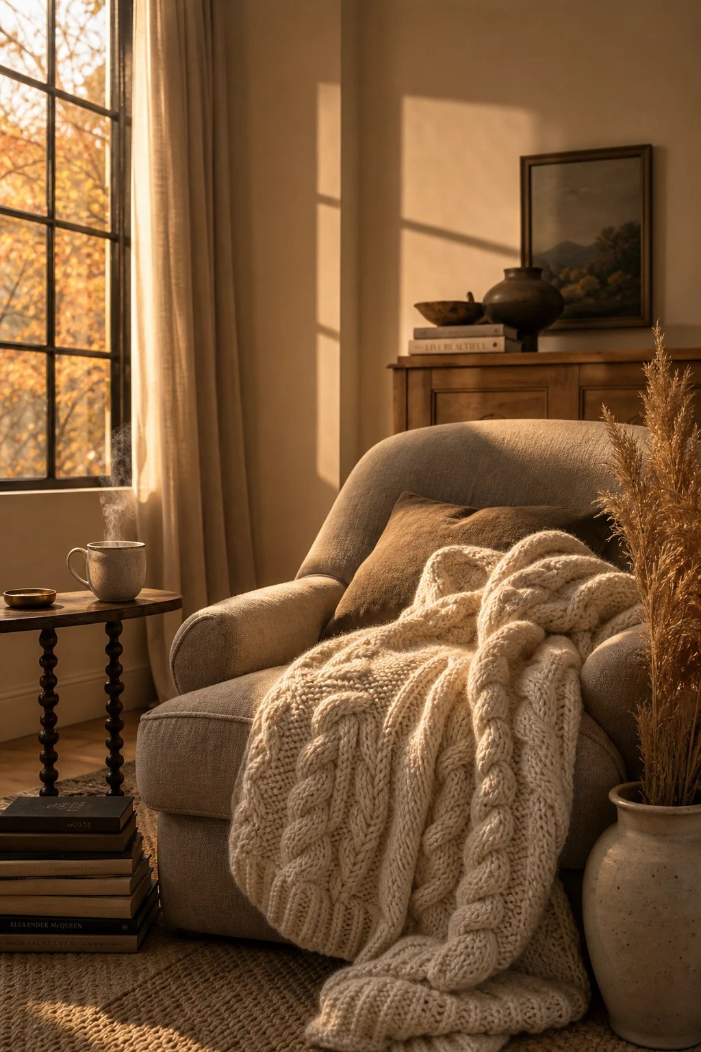 Cozy fall apartment living corner with a chunky knit throw draped over a linen armchair, warm amber lighting, and Farrow and Ball Buff painted walls