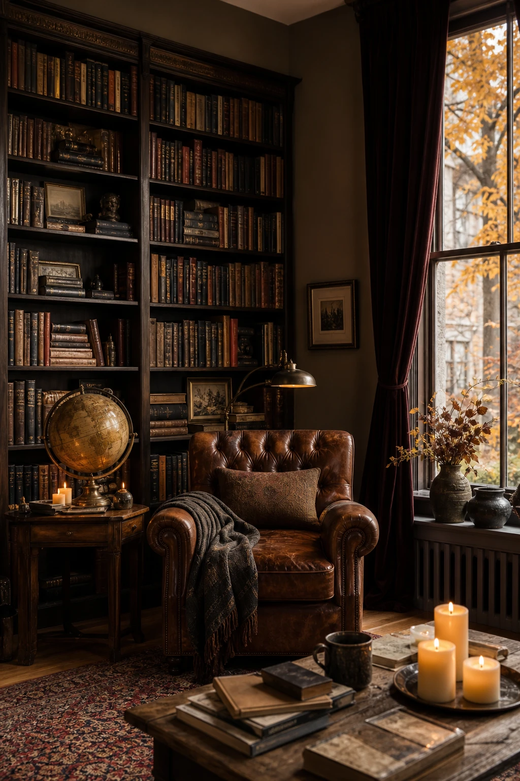Cozy fall apartment living room in dark academia style with moody book filled shelves, leather armchair, antique globe, warm candlelight, and Farrow & Ball London Clay walls