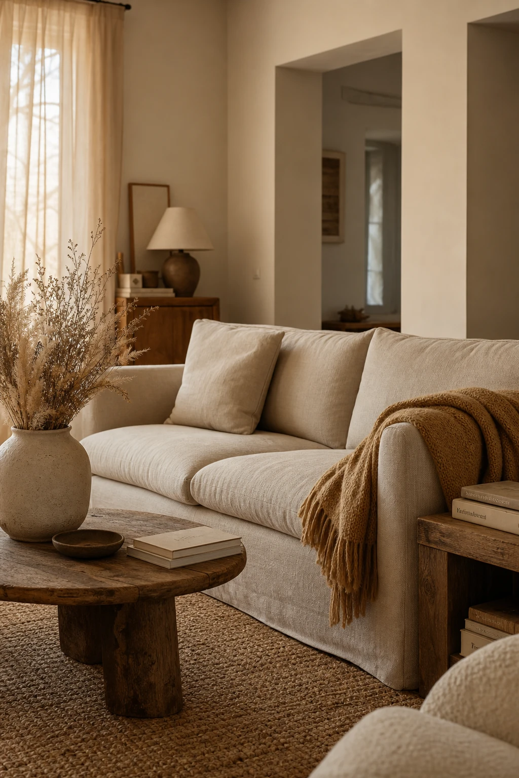 Cozy fall apartment living room in warm neutral palette with sand linen sofa, wheat wool throw, cream plaster walls painted Farrow and Ball Pointing and natural textures