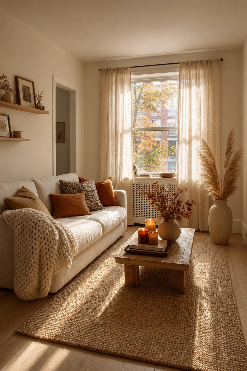 Cozy fall apartment living room styled with warm autumn accents, small space arrangement with layered textiles and edited vignettes in soft warm white tones
