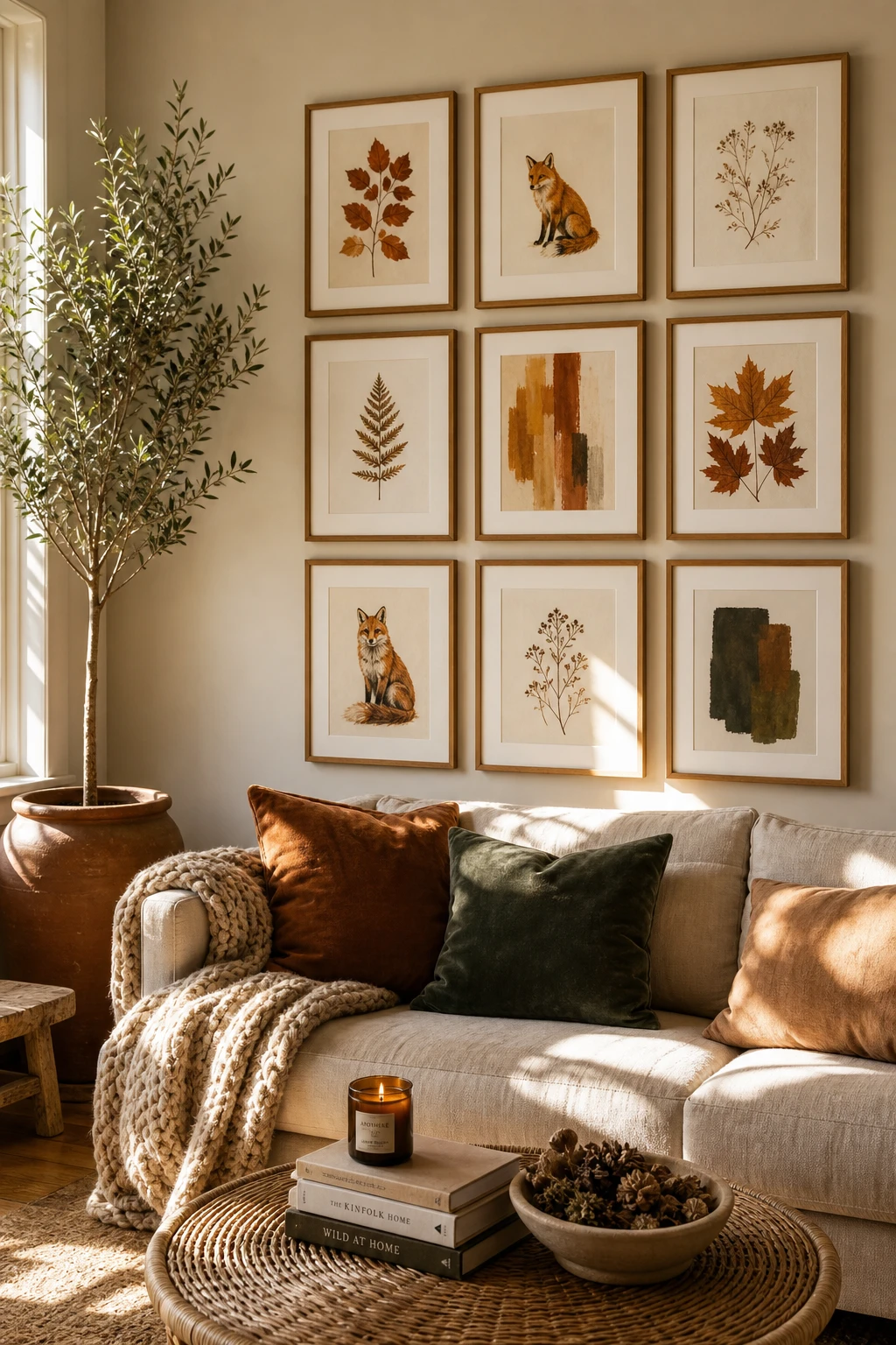 Cozy fall apartment living room with a curated gallery wall of warm toned prints in matching frames above a linen sofa, afternoon light, Matchstick painted walls