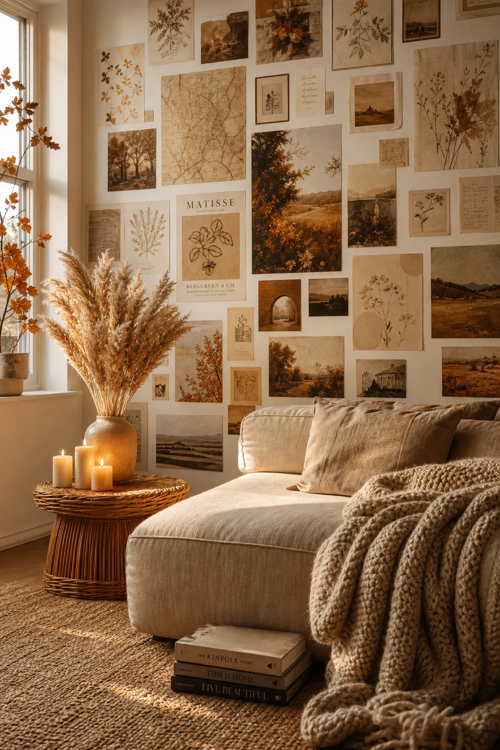 Cozy fall apartment living room with a floor to ceiling collage feature wall of mixed paper prints in warm amber, rust and cream tones beside a linen sofa