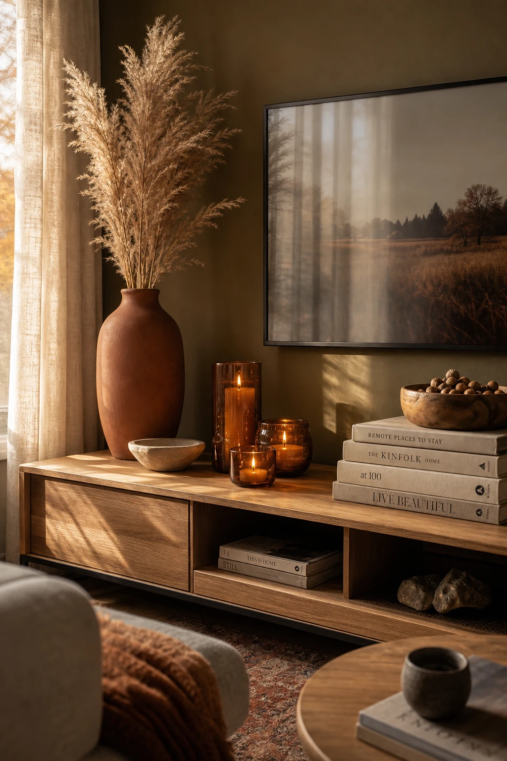 Cozy fall apartment living room with a styled TV stand vignette featuring layered heights, warm textures, amber vessels, and dried botanicals in soft candlelight