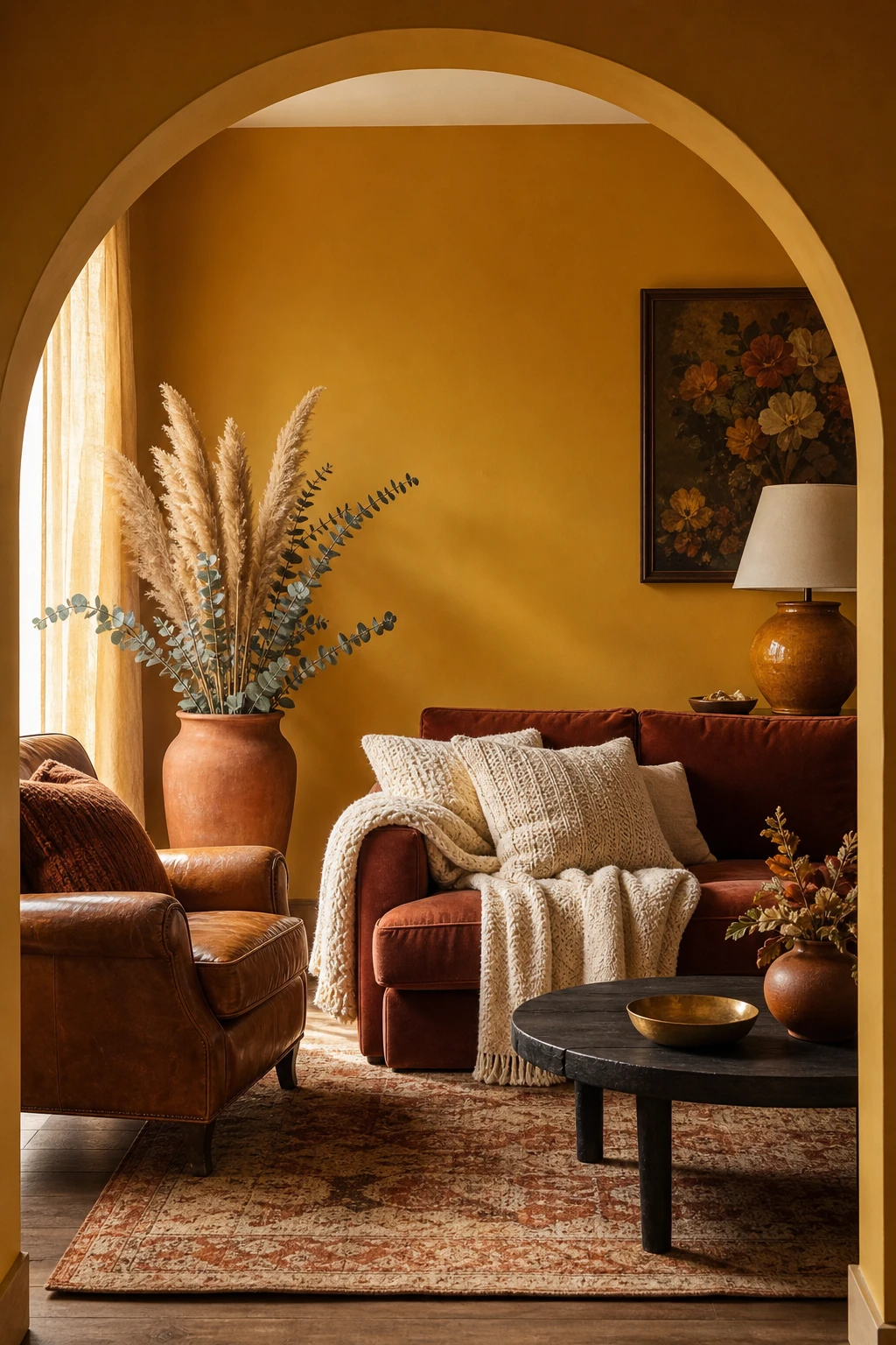 Cozy fall apartment living room with a warm amber, rust, and cream colour palette, India Yellow painted accent wall, layered textiles, and soft autumn light