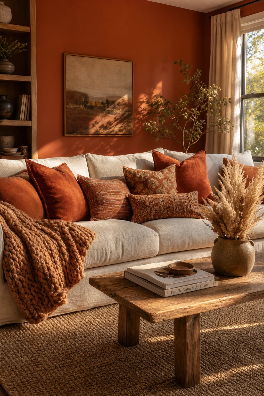 Cozy fall apartment living room with burnt orange pillows as hero accent on a neutral sofa, warm evening light, Farrow and Ball Charlottes Locks painted wall