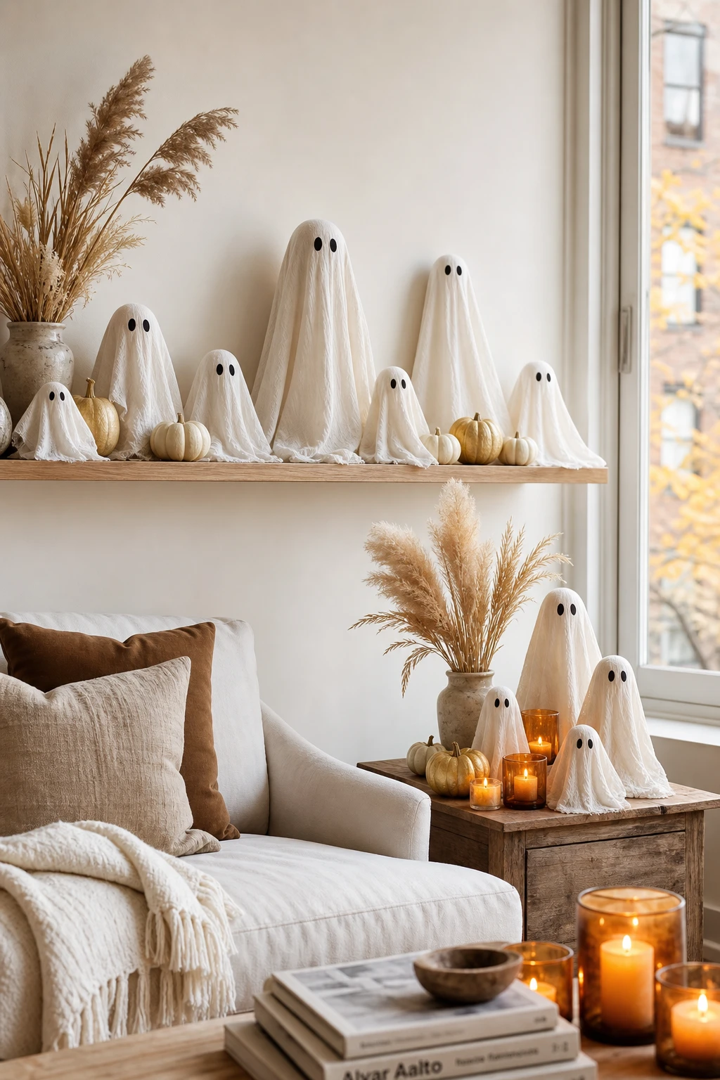 Cozy fall apartment living room with charming white and cream ghost decorations arranged on a shelf alongside pumpkins, dried botanicals, and warm candlelight