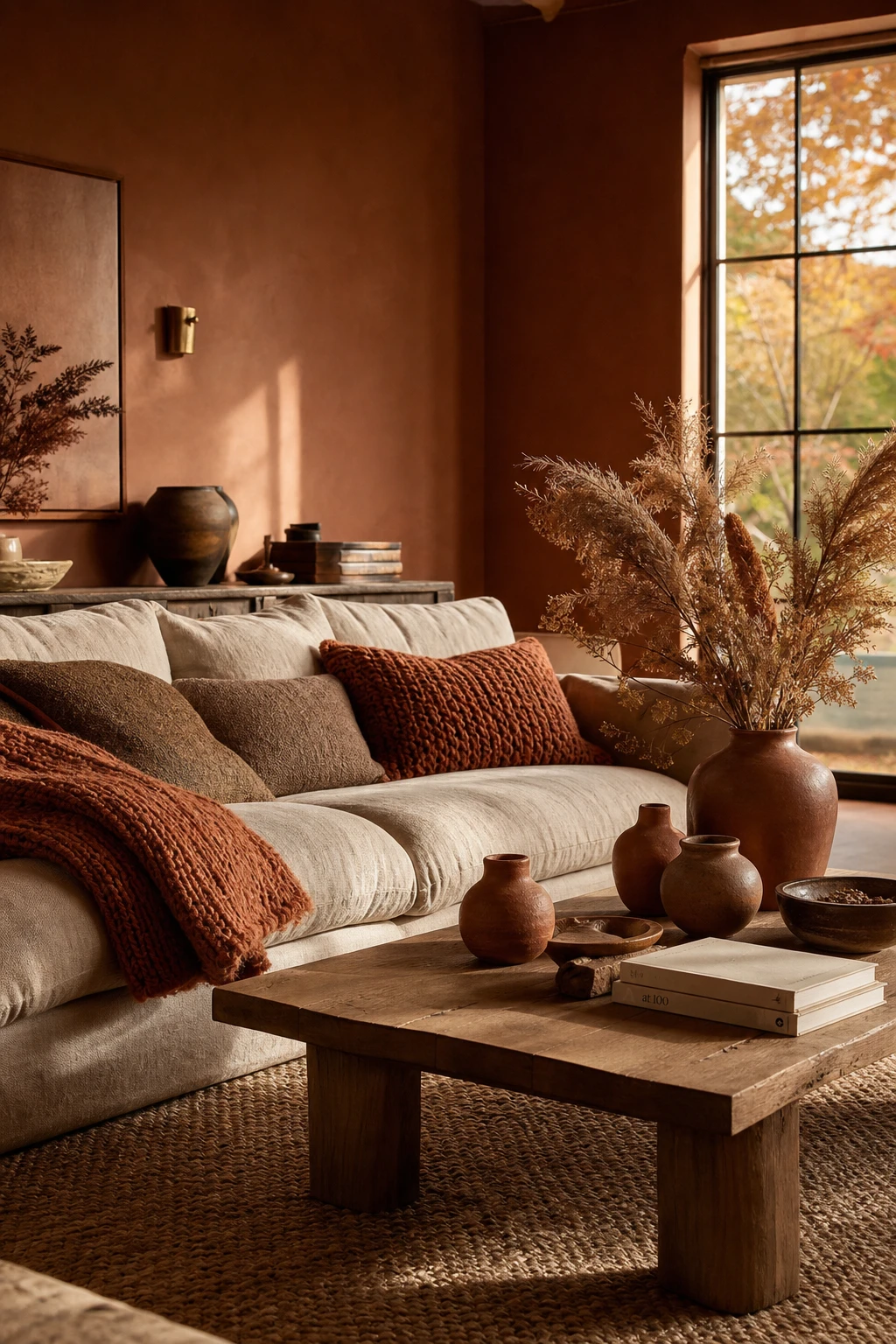 Cozy fall apartment living room with earthy tones in soil, clay and bark hues, terracotta vessels, linen cushions and warm afternoon light
