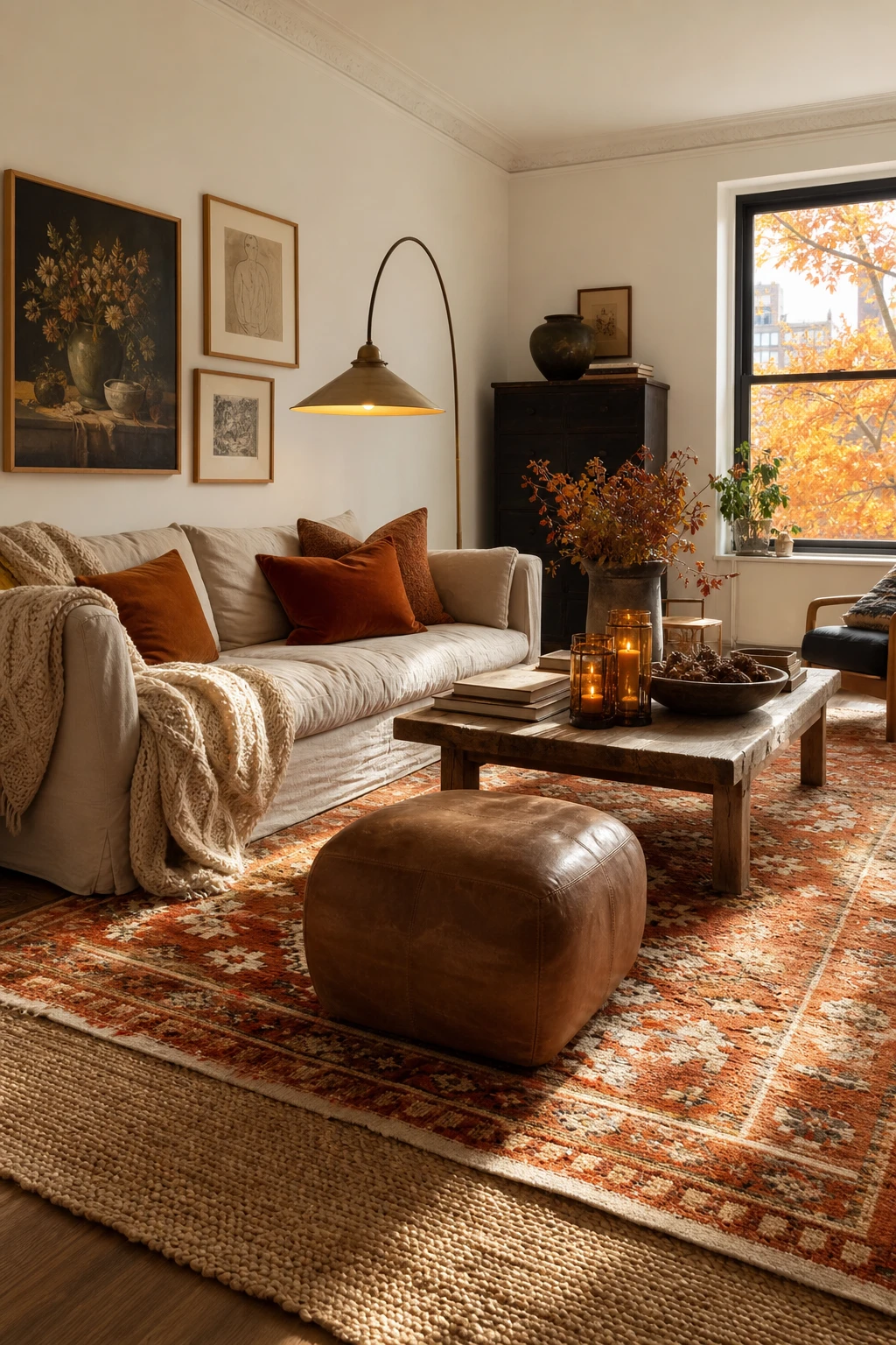 Cozy fall apartment living room with layered rugs as the hero, warm afternoon light, textured wool over jute, Farrow & Ball All White walls