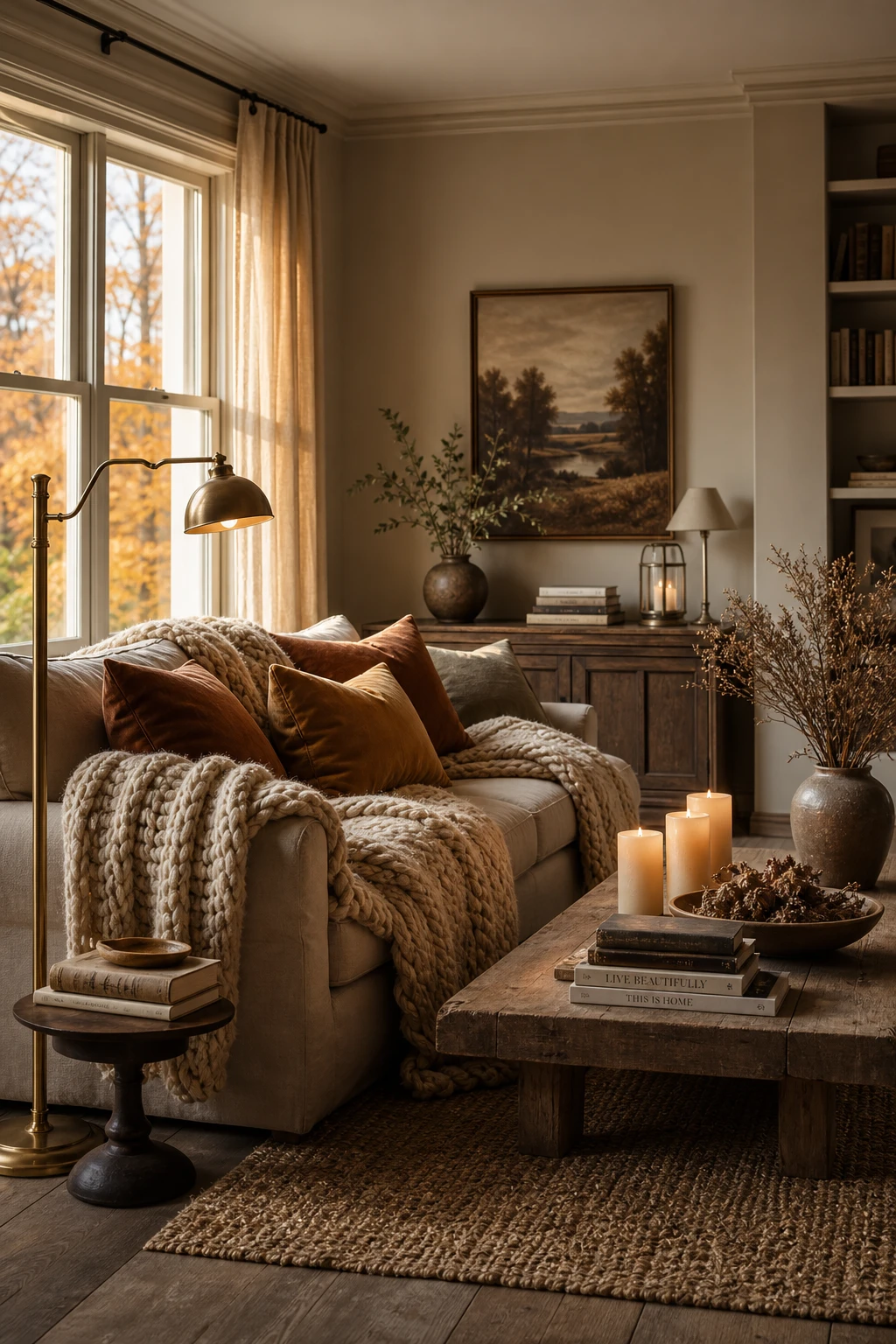 Cozy fall apartment living room with layered textiles, warm lighting, and Farrow & Ball Drop Cloth walls creating a rich seasonal atmosphere