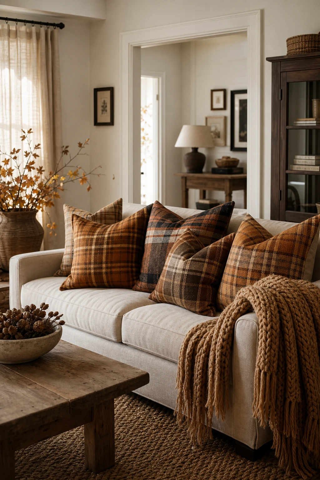 Cozy fall apartment living room with plaid pillows in amber and brown tones on a linen sofa, soft afternoon light, warm autumn palette