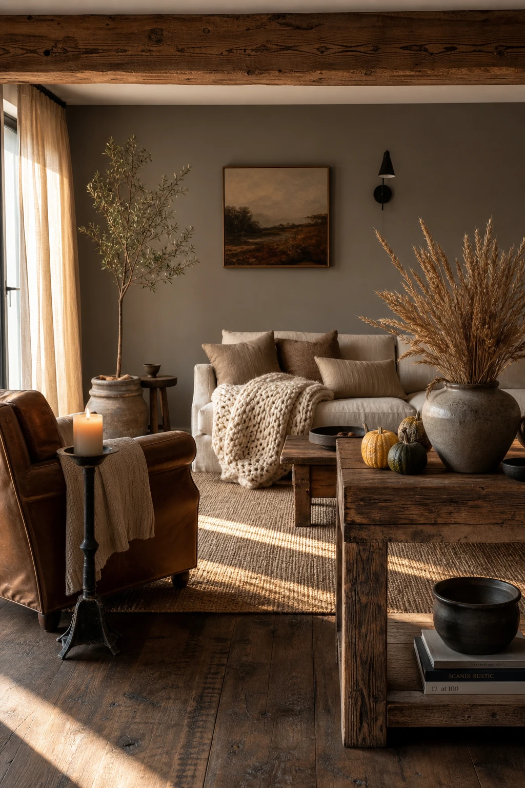 Cozy fall apartment living room with rustic wood accents, warm amber lighting, chunky knit throw, and Farrow and Ball Oxford Stone walls
