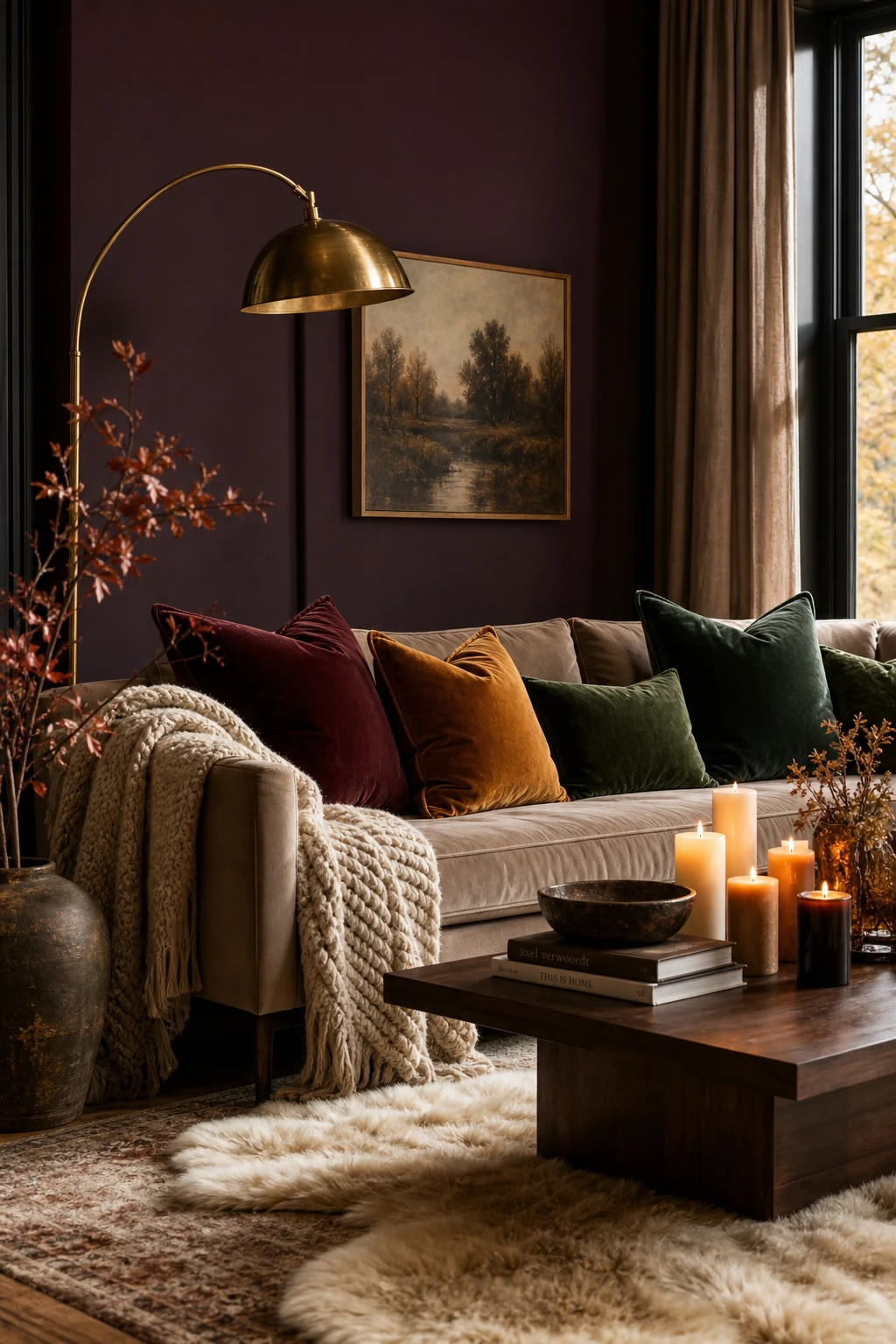 Cozy fall apartment living room with velvet pillows in deep jewel tones arranged on a sofa, warm autumn light, rich layered textiles