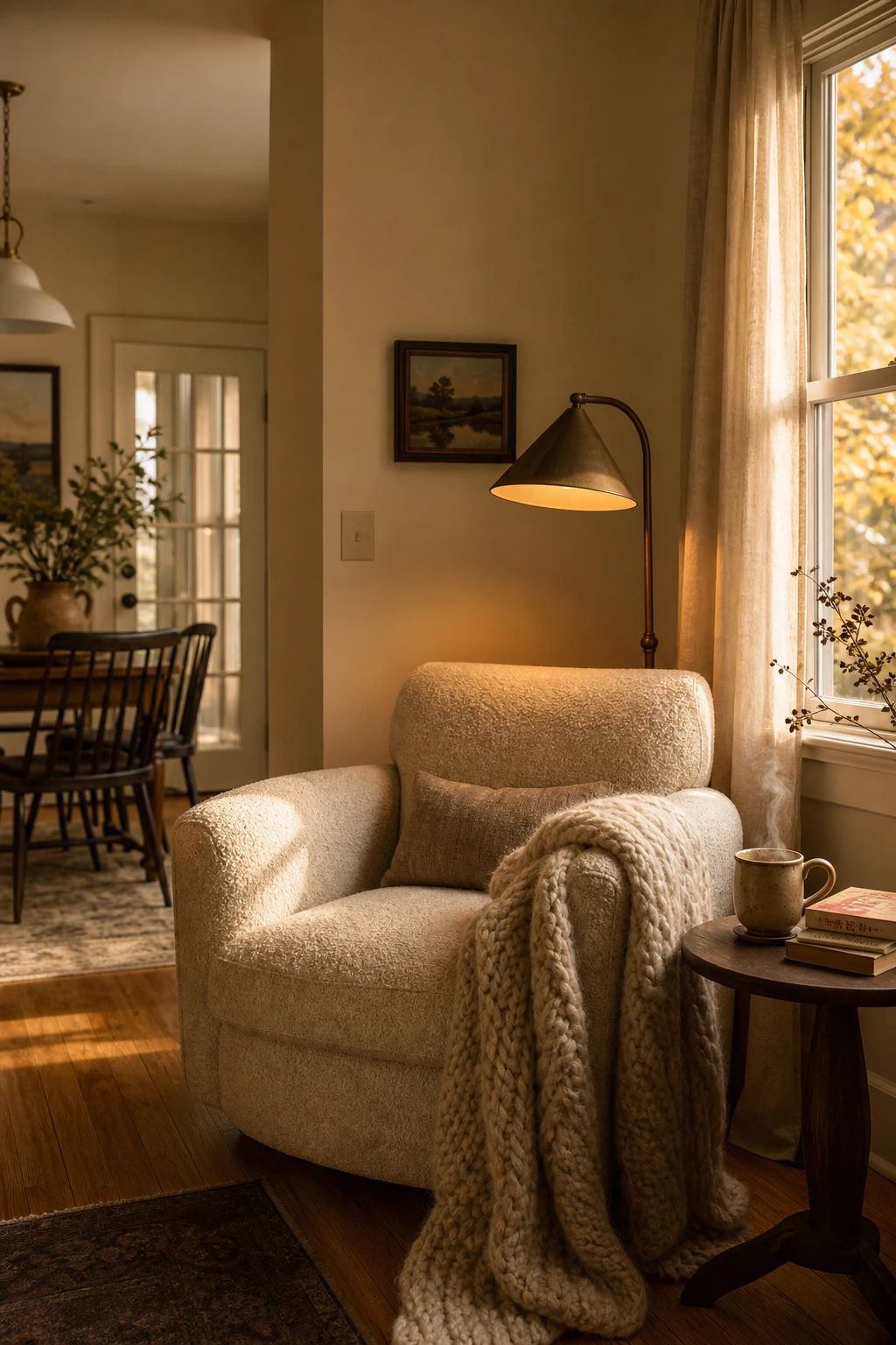 Cozy fall apartment reading nook with an upholstered armchair, wool throw, stacked books, and warm candlelight against a Farrow and Ball Tallow painted wall