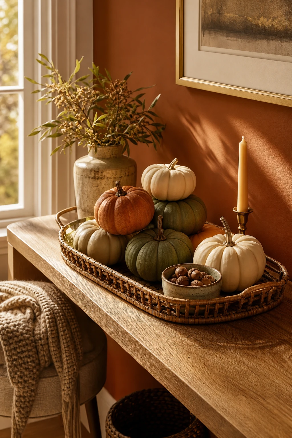 Cozy fall apartment vignette with mini pumpkins styled on a narrow console, warm amber and rust tones, Farrow and Ball Marmelo painted wall behind