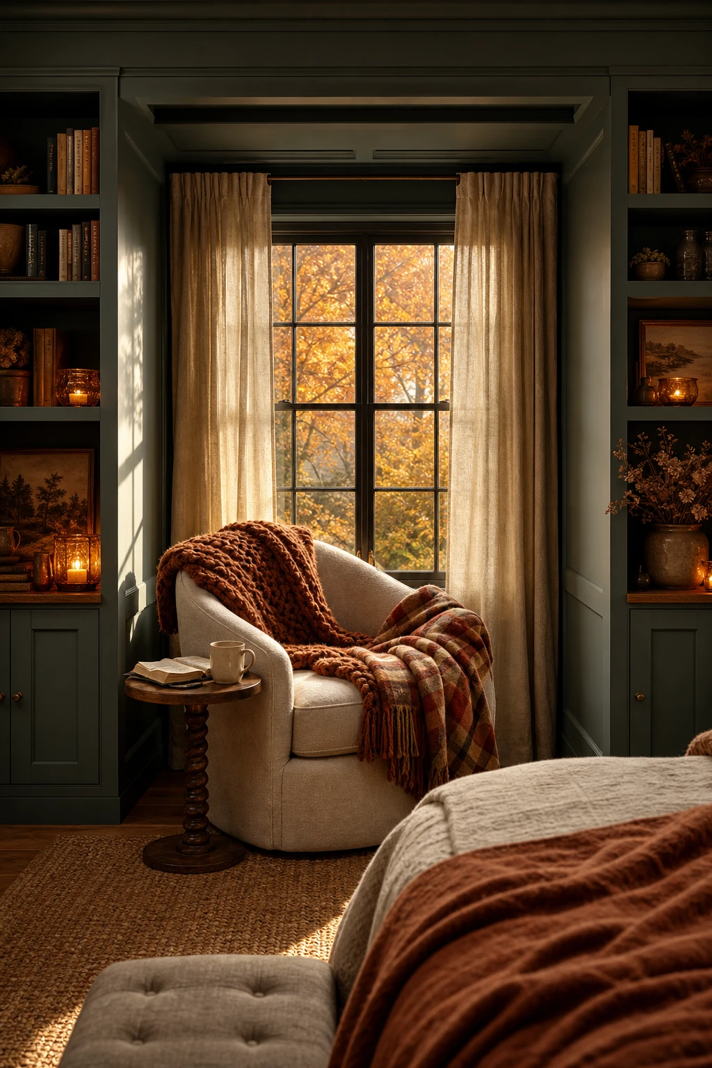 Cozy fall bedroom reading nook with deep green built in shelves, a linen armchair, plaid throw, amber candlelight, and warm autumn afternoon light