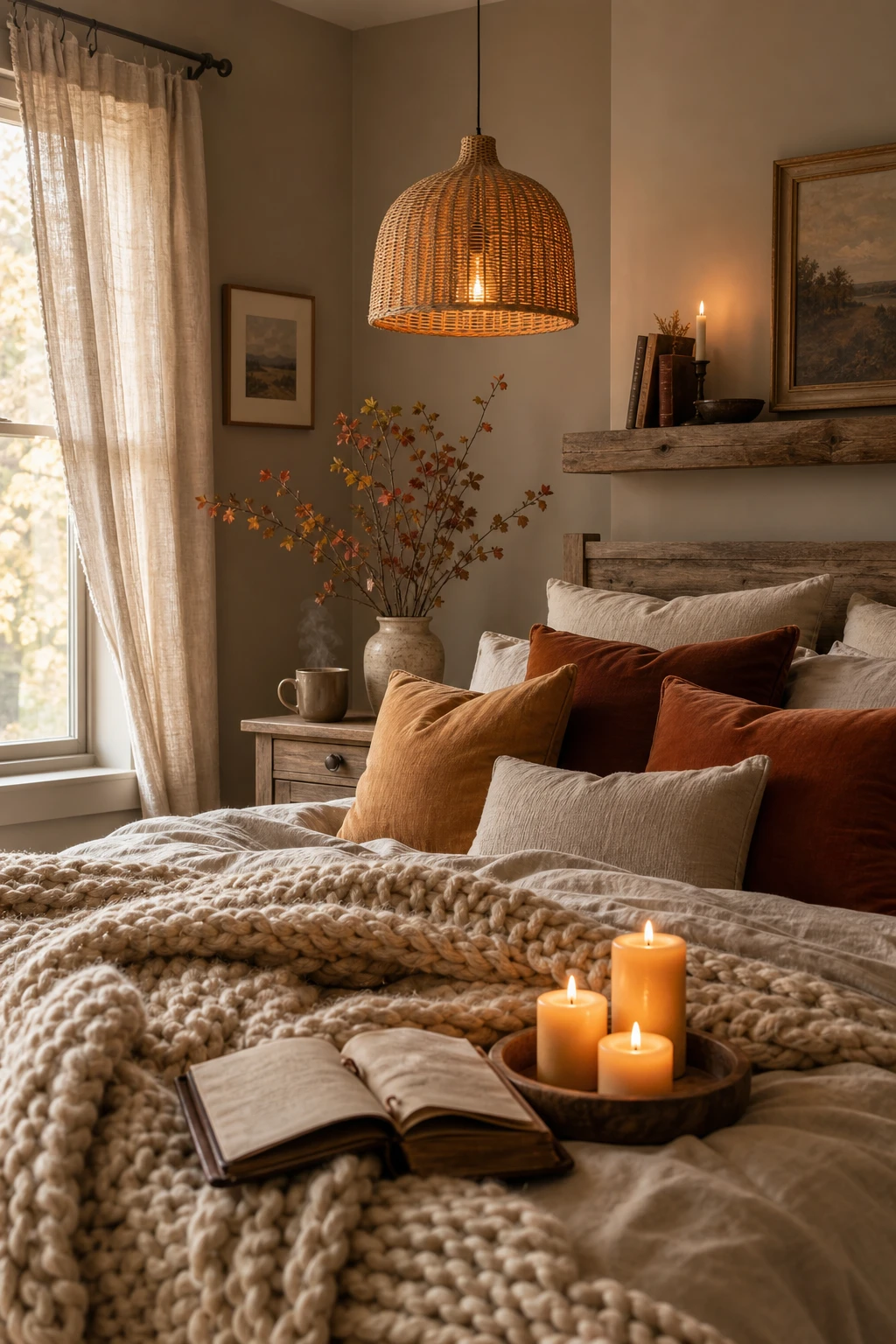 Cozy fall bedroom styled with hygge layers of chunky knit throws, candlelight, and warm Skimming Stone walls creating an intimate autumn retreat