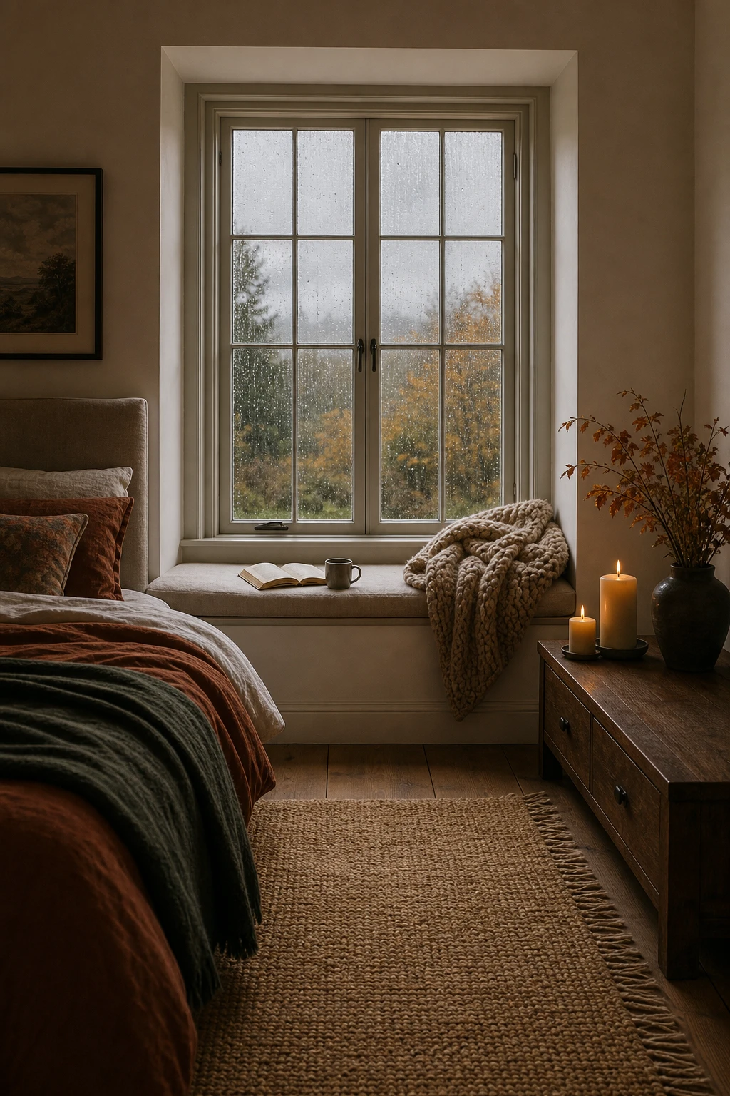 Cozy fall bedroom with a rain streaked window as the hero, layered knit throws, amber candlelight, and Farrow & Ball Cornforth White walls in soft natural light