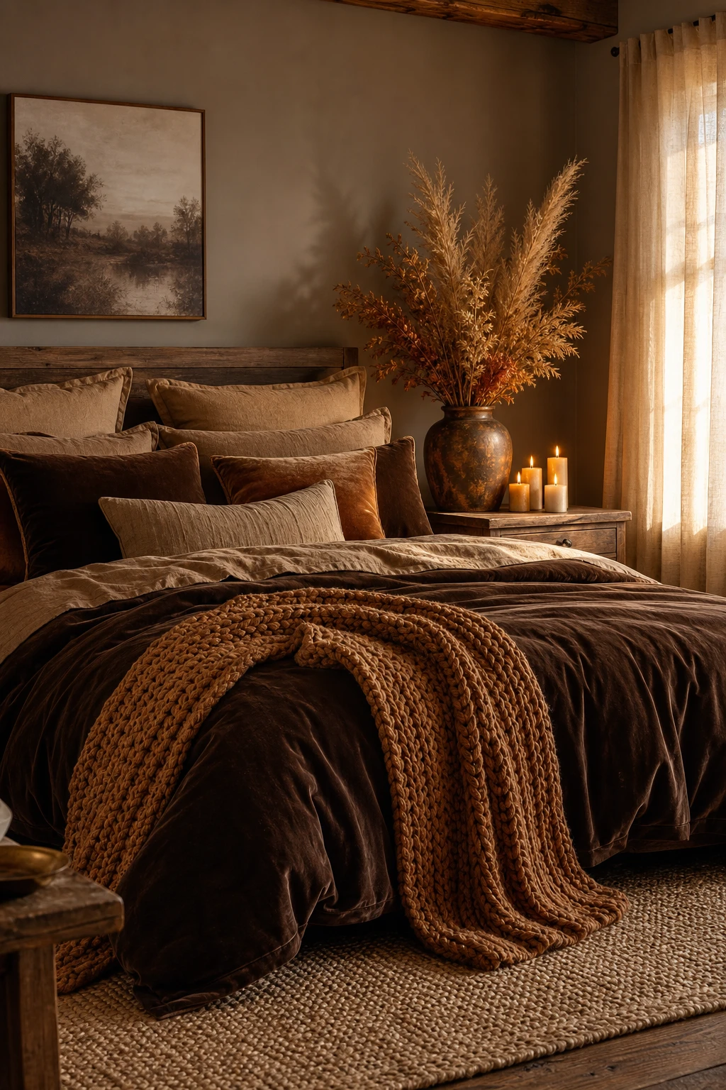 Cozy fall bedroom with layered brown bedding as the hero, warm candlelight, dried botanicals, and Farrow and Ball London Clay walls in autumn tones