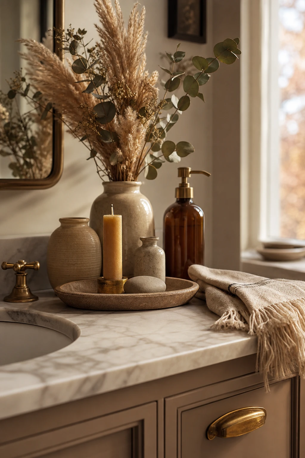 Cozy fall decor bathroom counter styled as a mini still life with warm amber accessories, dried botanicals, and rich warm neutral tones