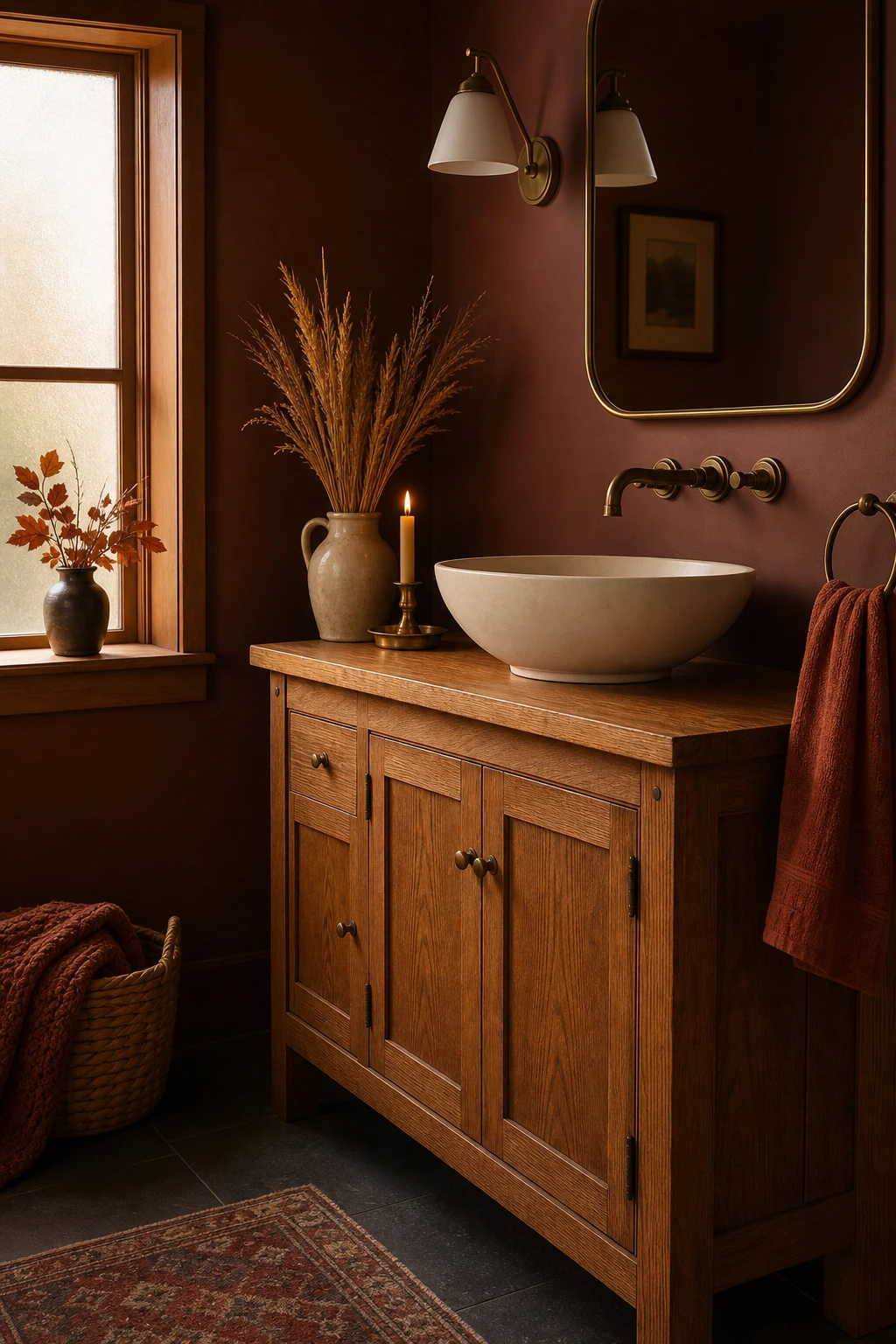 Cozy fall decor bathroom featuring a warm wood vanity as the hero, with amber lighting, earthy textiles, and Farrow & Ball Mahogany painted walls