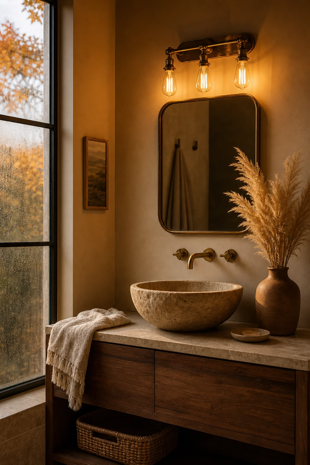 Cozy fall decor bathroom glowing with warm amber bulb light, aged brass fixtures, linen textiles, and Farrow & Ball String painted walls at golden hour