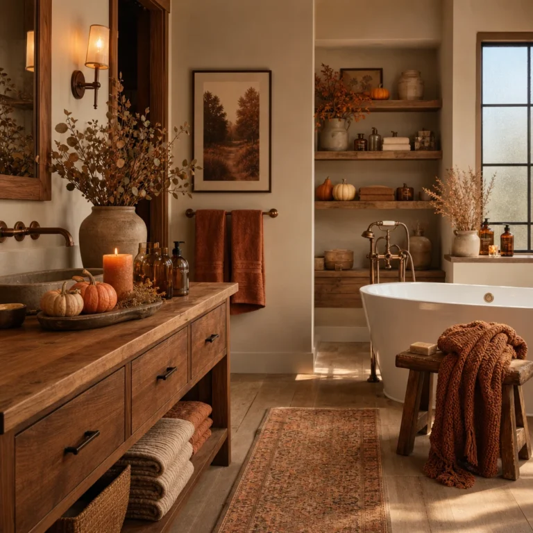 Cozy fall decor bathroom with a walnut vanity, bronze fixtures, amber glass, mini pumpkins, dried botanicals, orange towels, and warm amber afternoon light across wood plank floors.