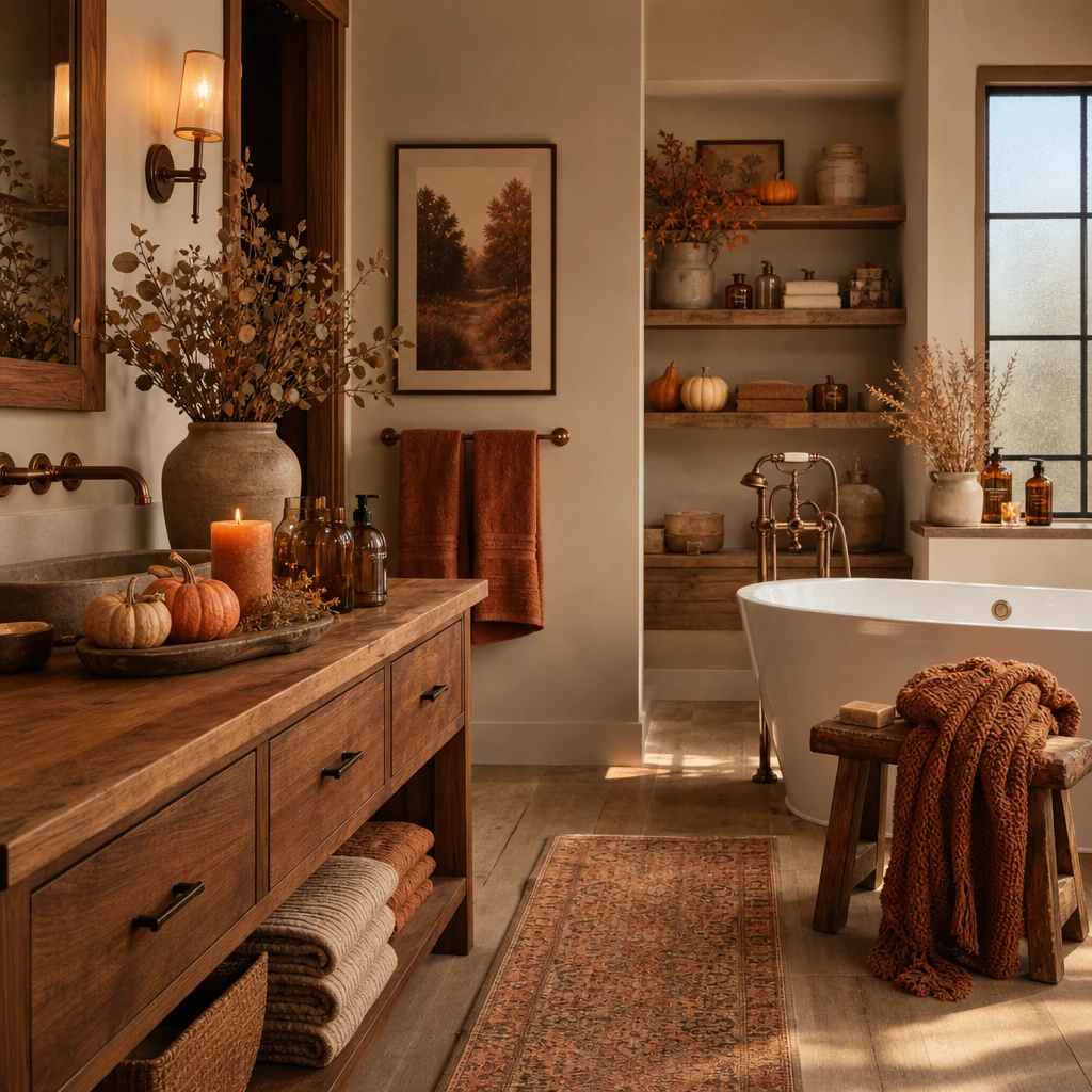 Cozy fall decor bathroom with a walnut vanity, bronze fixtures, amber glass, mini pumpkins, dried botanicals, orange towels, and warm amber afternoon light across wood plank floors.