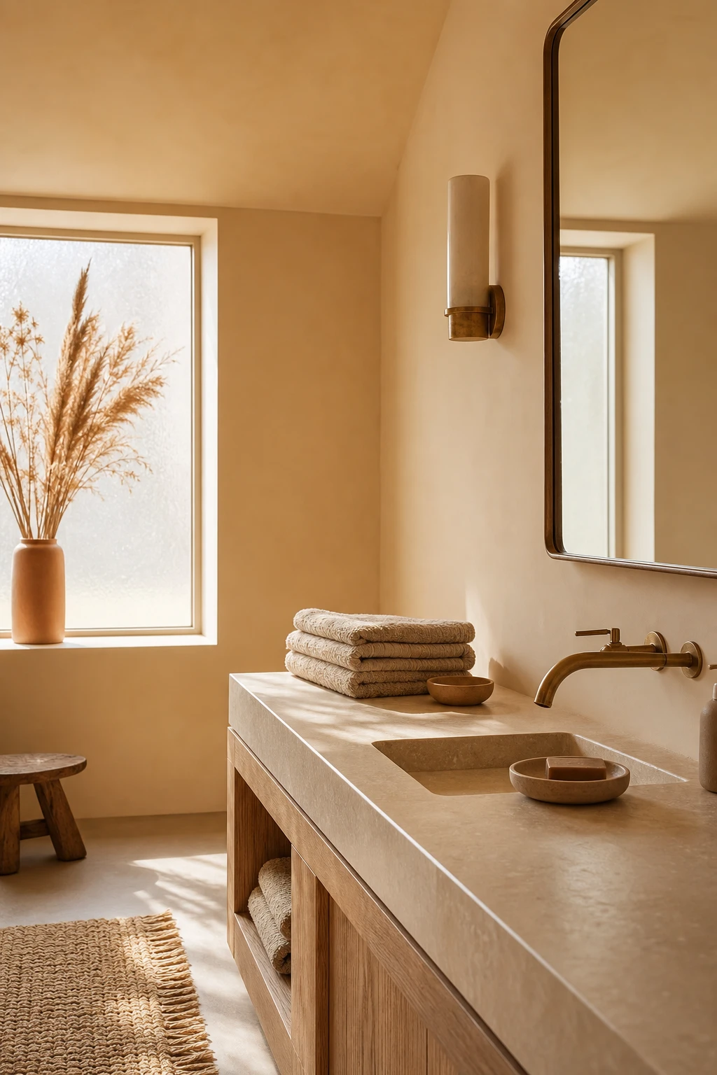 Cozy fall decor bathroom in warm neutral tones with layered textures, linen towels, natural wood accents, and Farrow & Ball Tallow painted walls