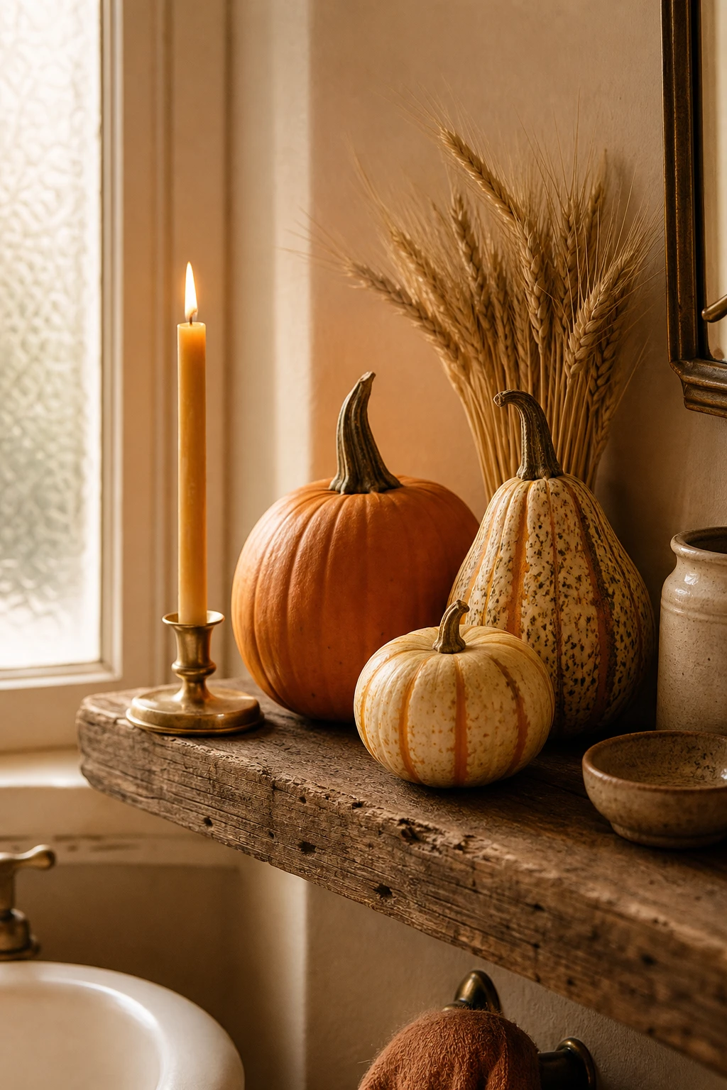 Cozy fall decor bathroom shelf with a pumpkin vignette grouping small and tall gourds at varied heights beside warm amber candlelight and dried botanicals
