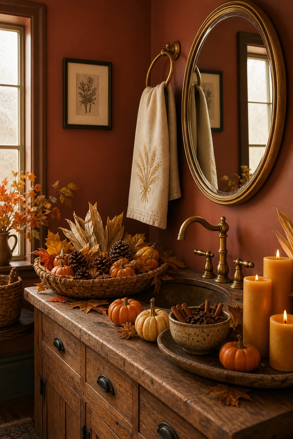 Cozy fall decor bathroom styled for Thanksgiving with harvest abundance, warm terracotta tones, layered textures, and Farrow & Ball Red Earth painted walls