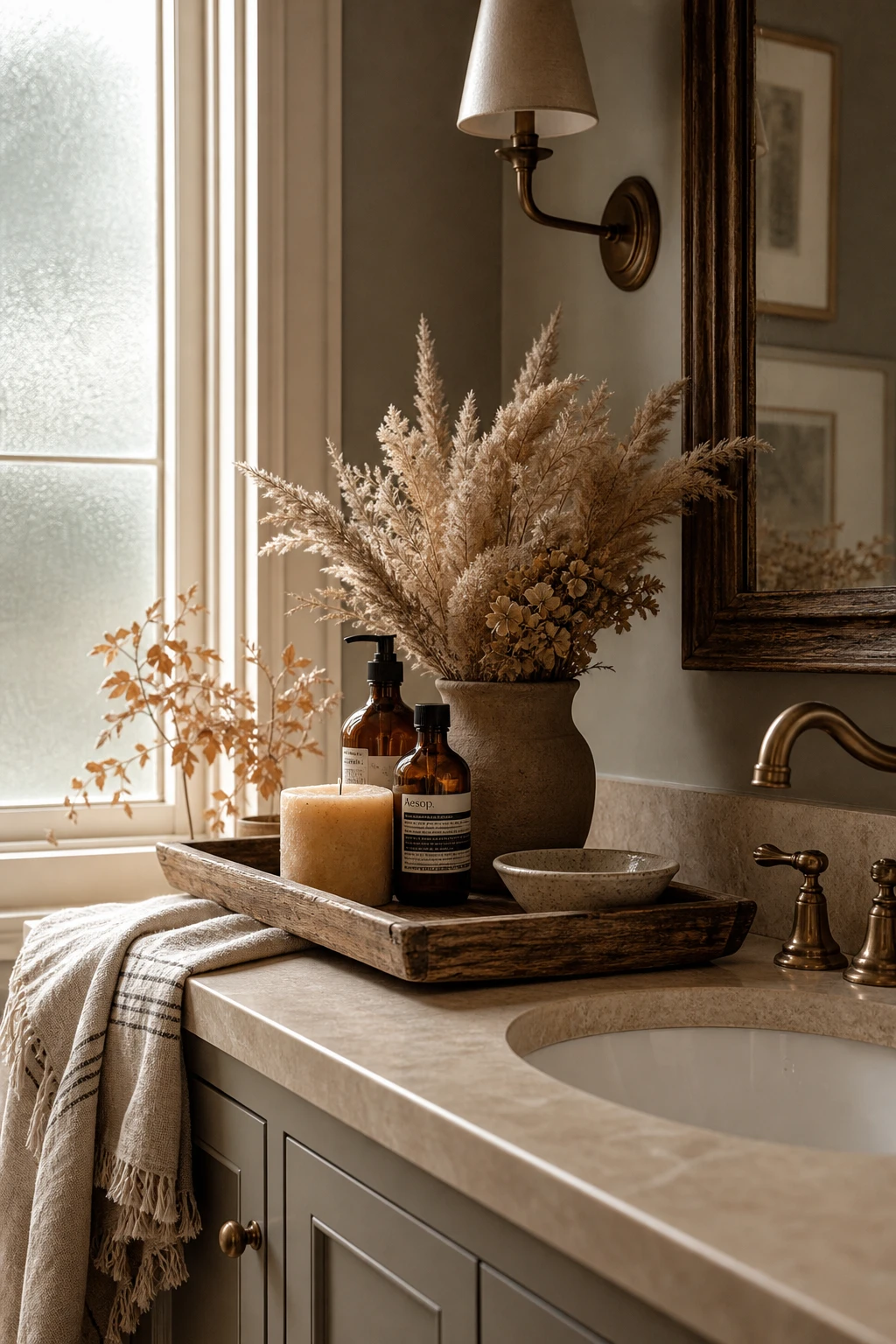 Cozy fall decor bathroom vanity with a rustic tray holding amber bottles, dried botanicals, and a small candle in warm morning light