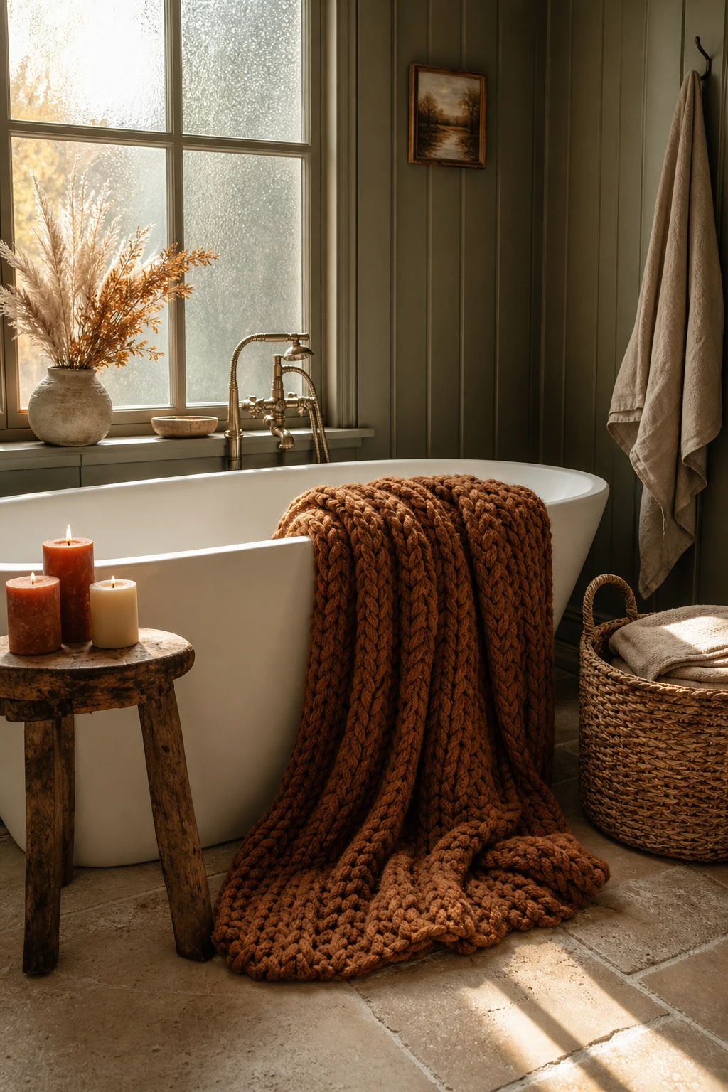 Cozy fall decor bathroom with a chunky knit throw draped over a freestanding tub, warm amber light, Farrow and Ball Cord walls