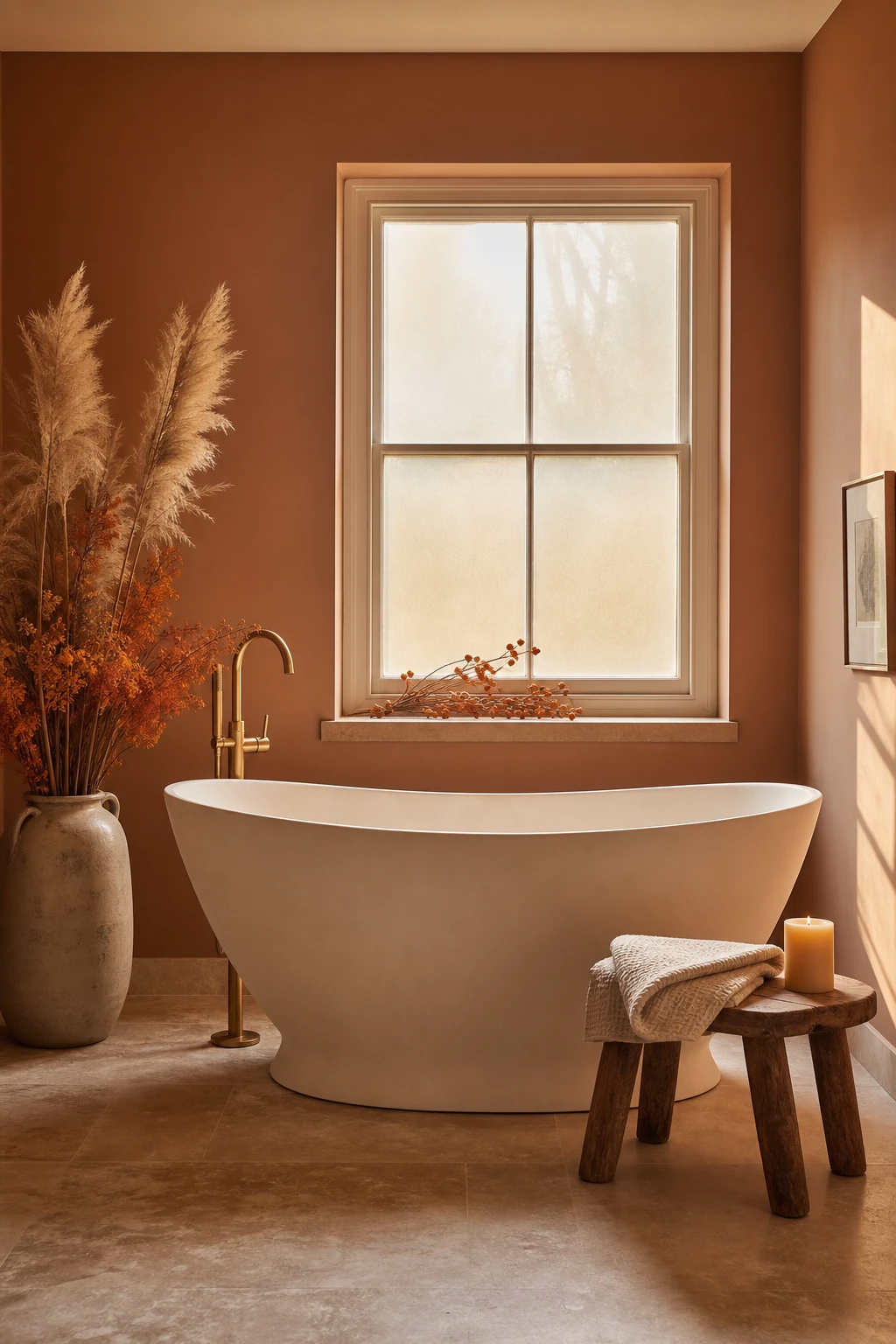 Cozy fall decor bathroom with a freestanding tub as the focal point, surrounded by autumn botanicals, warm candlelight, and Farrow & Ball Stony Ground walls