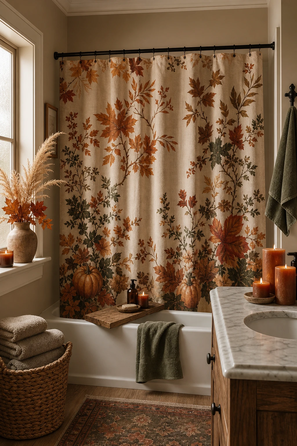 Cozy fall decor bathroom with a warm patterned shower curtain as the hero, amber lighting, wooden accents, and Archive painted walls